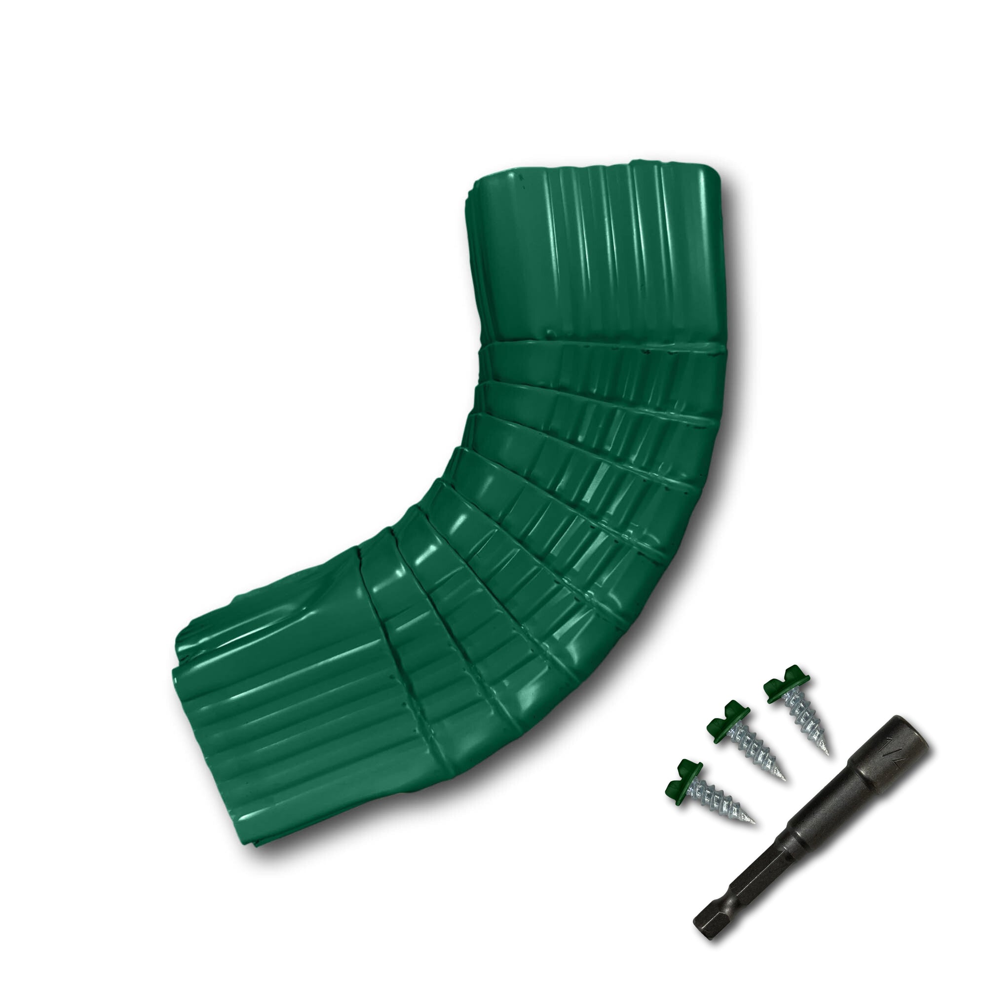 A Painted Aluminum Gutter Downspout Elbow that is Green in color. Matching screws and hex bit driver are included.