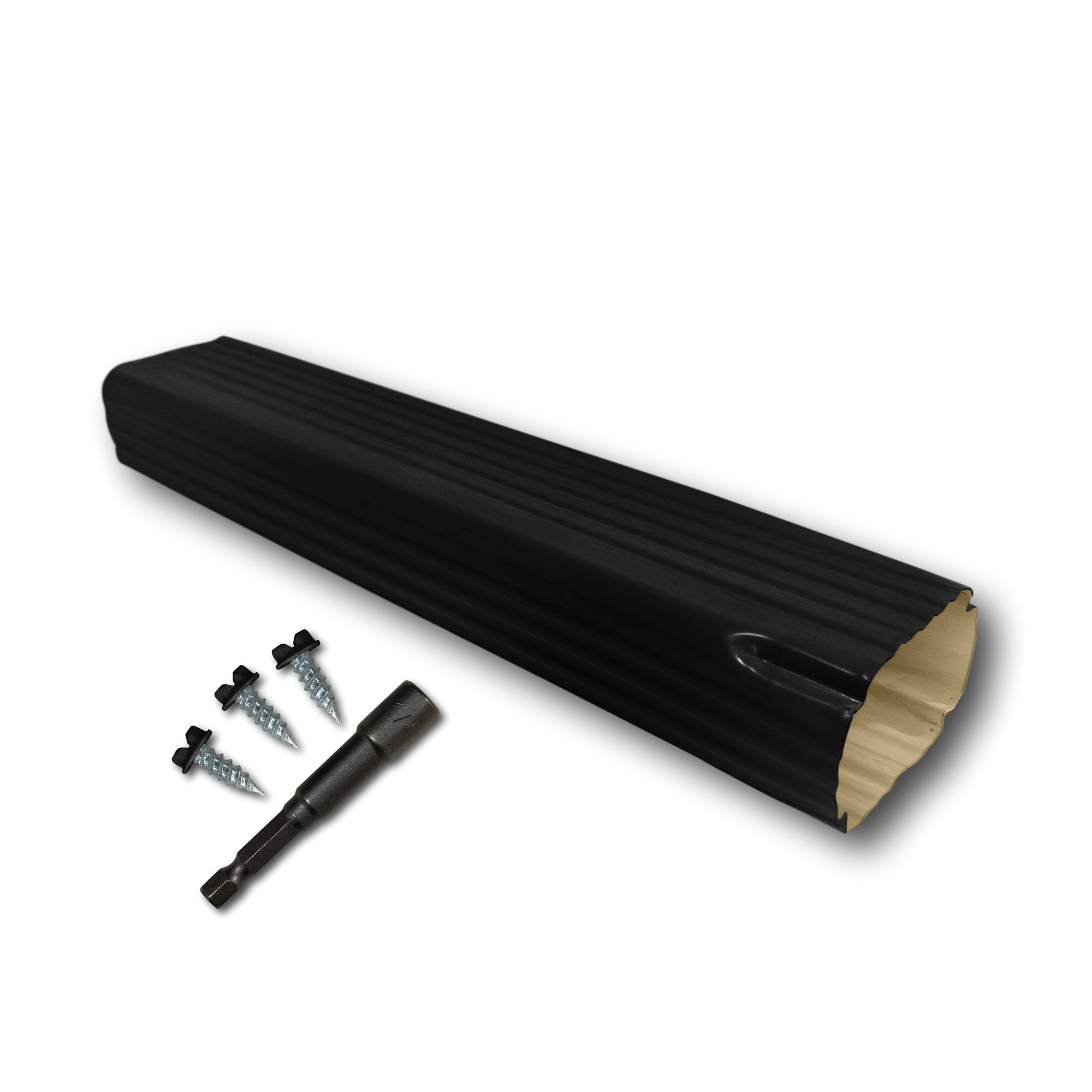 A Painted Aluminum Gutter Downspout Extension that is Black in color. Matching screws and hex bit driver are included.