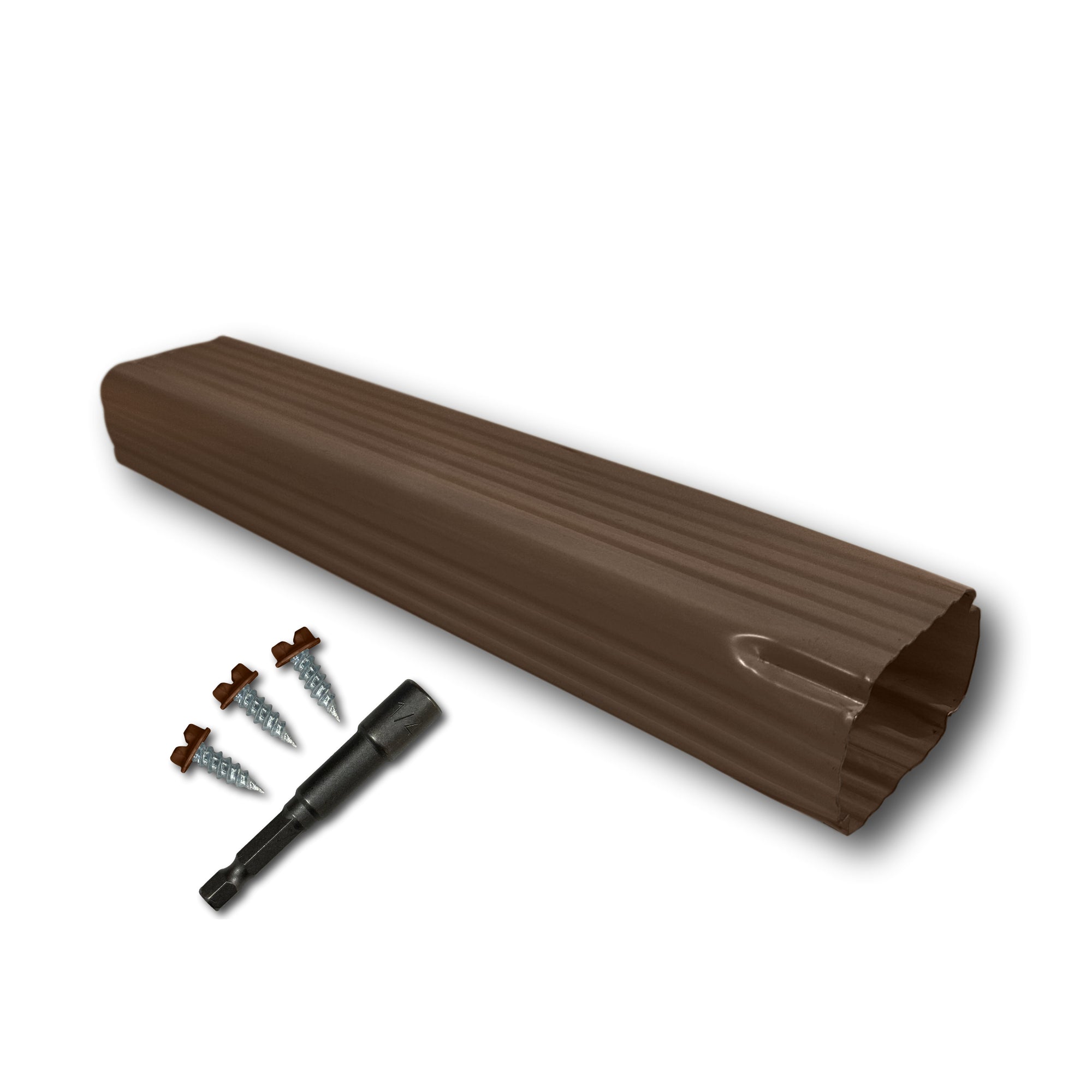 A Painted Aluminum Gutter Downspout Extension that is Brown in color. Matching screws and hex bit driver are included.