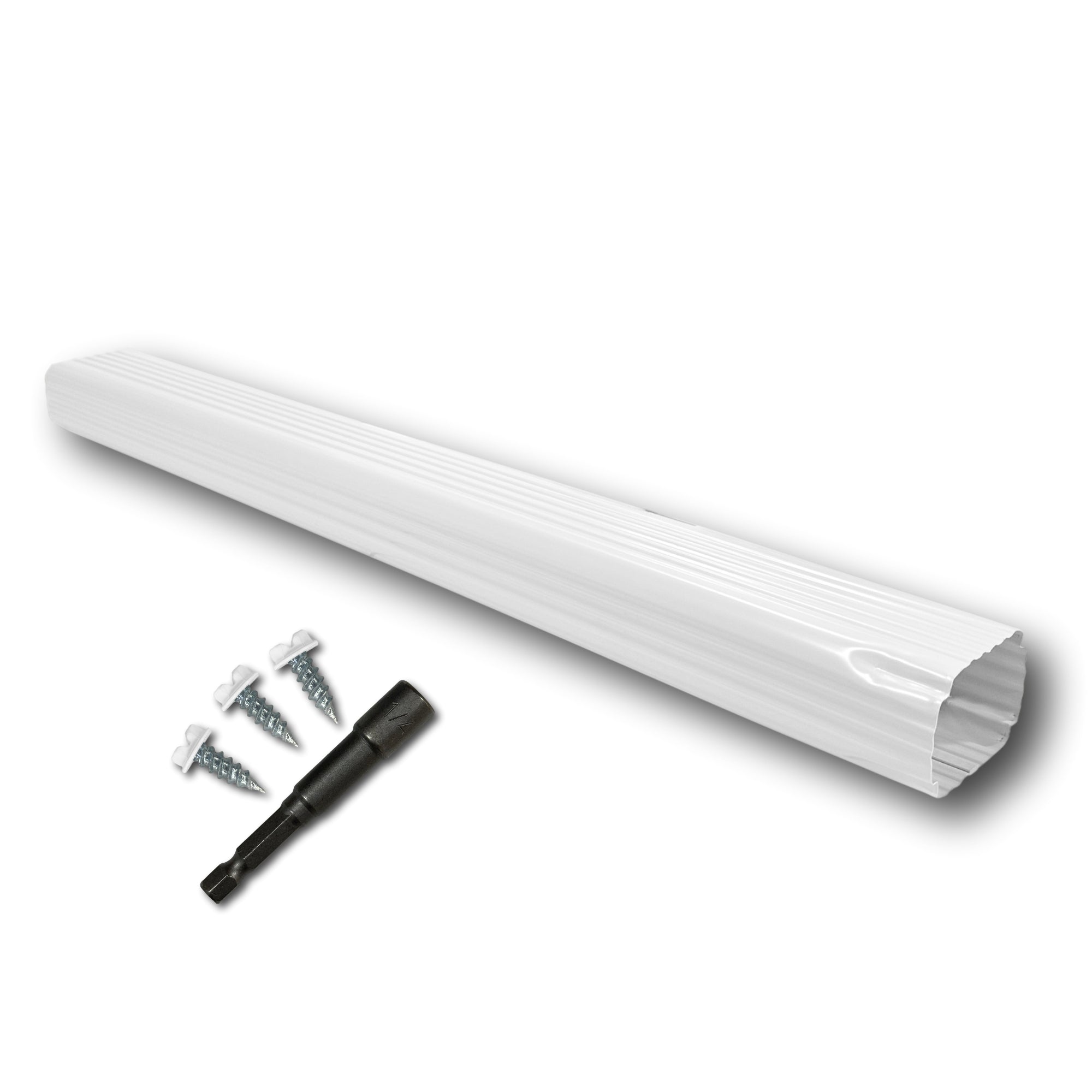 A Painted Aluminum Gutter Downspout Extension that is White in color. Matching screws and hex bit driver are included.