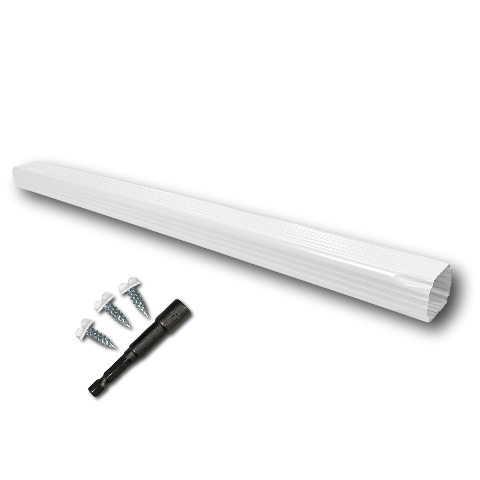 A Painted Aluminum Gutter Downspout Extension that is White in color. Matching screws and hex bit driver are included.