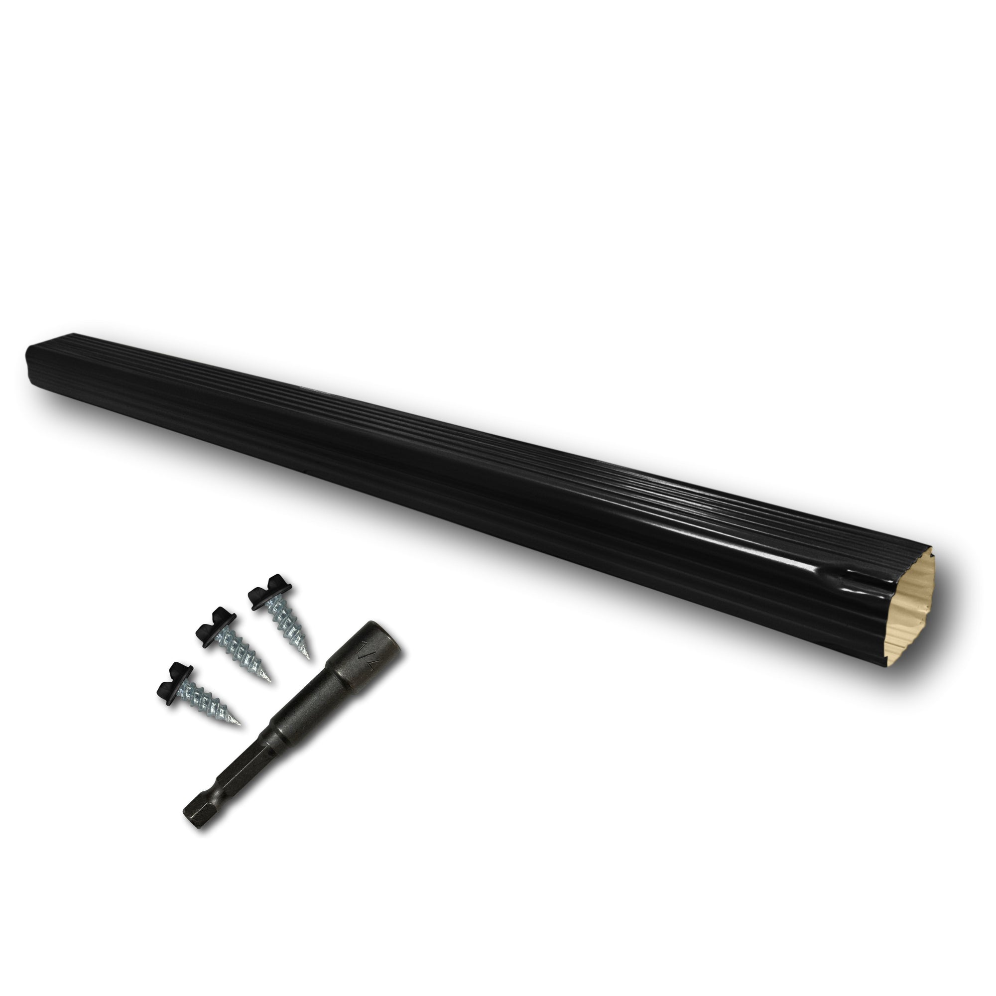 A Painted Aluminum Gutter Downspout Extension that is Black in color. Matching screws and hex bit driver are included.