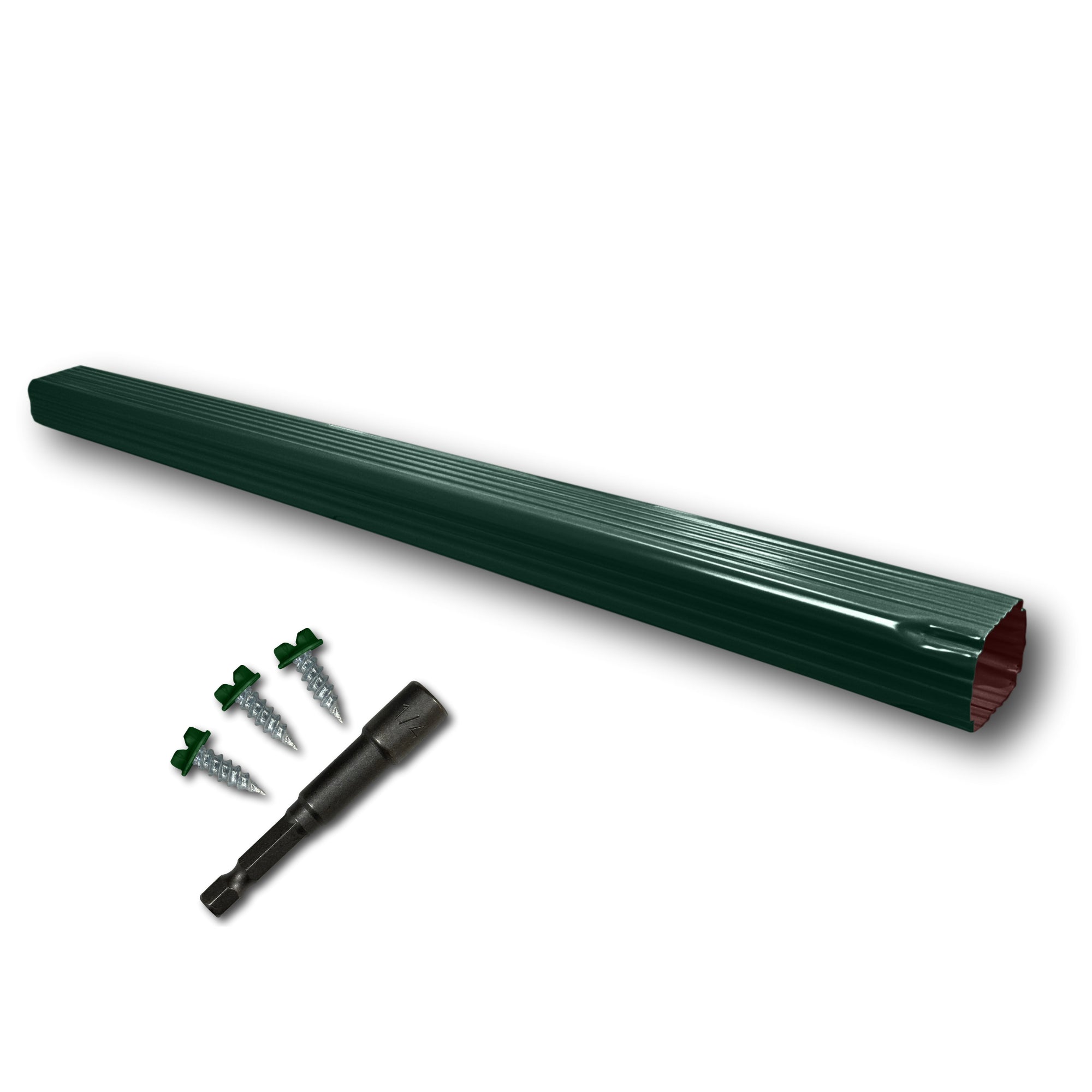 A Painted Aluminum Gutter Downspout Extension that is Green in color. Matching screws and hex bit driver are included.