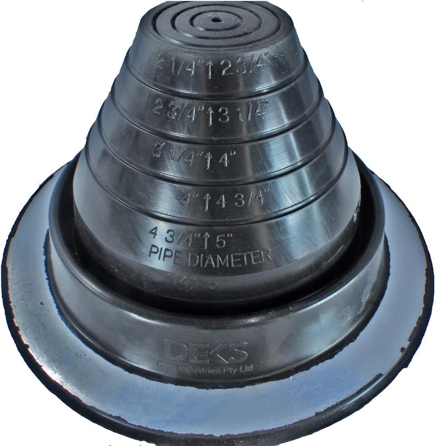 A number 3 size Black Round Pipe Flashing Boot. The boot is made of Silicone, and the measurements are featured on the side of the boot for reference when cutting.