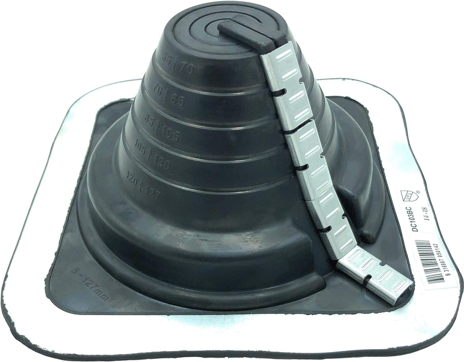 A number 3 size Black Square Pipe Flashing Boot. The boot is made of Silicone, and the measurements are featured on the side of the boot for reference when cutting. The boot features zipper clips on the side for installing over existing pipes.
