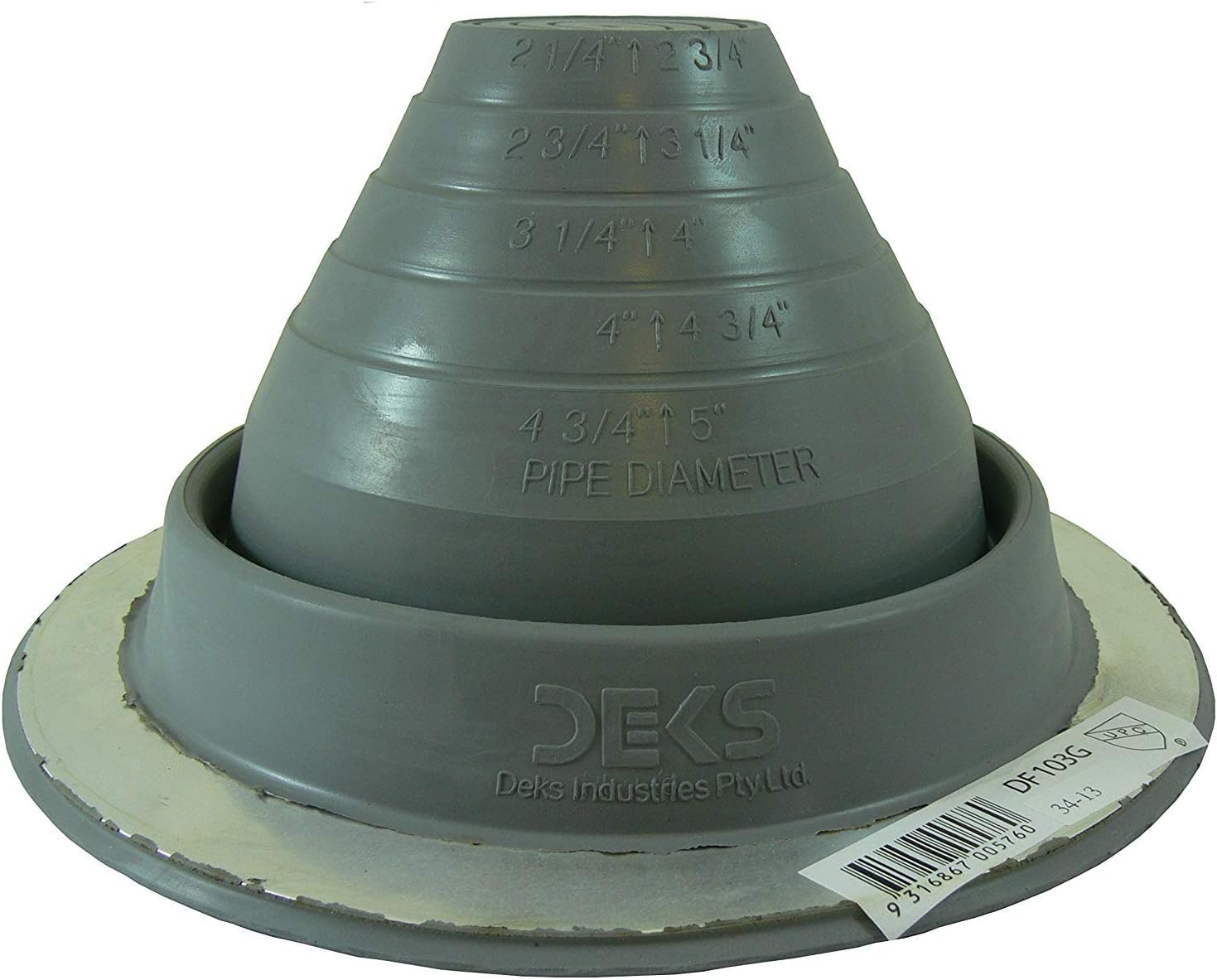 A number 3 size Gray Round Pipe Flashing Boot. The boot is made of Silicone, and the measurements are featured on the side of the boot for reference when cutting.