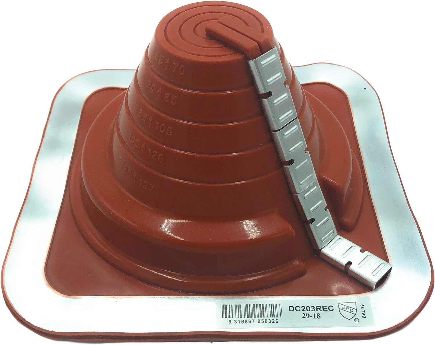 A number 3 size Red Square Base Pipe Flashing Boot. The boot is made of EPDM and is meant for high temperature applications. The boot features zipper clips on the side for installing over existing pipes.