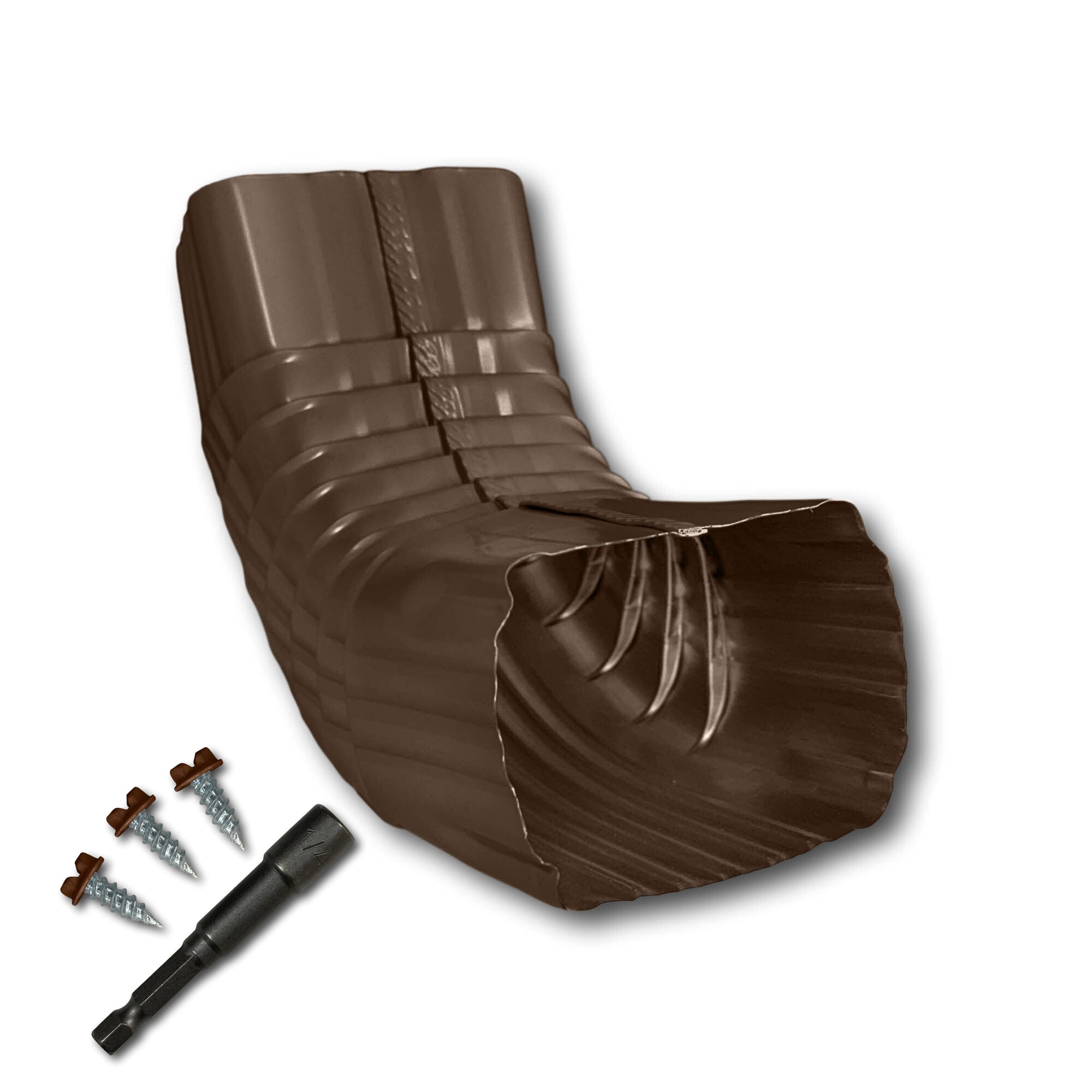 A Painted Aluminum Gutter Downspout Elbow that is Brown in color. Matching screws and hex bit driver are included.