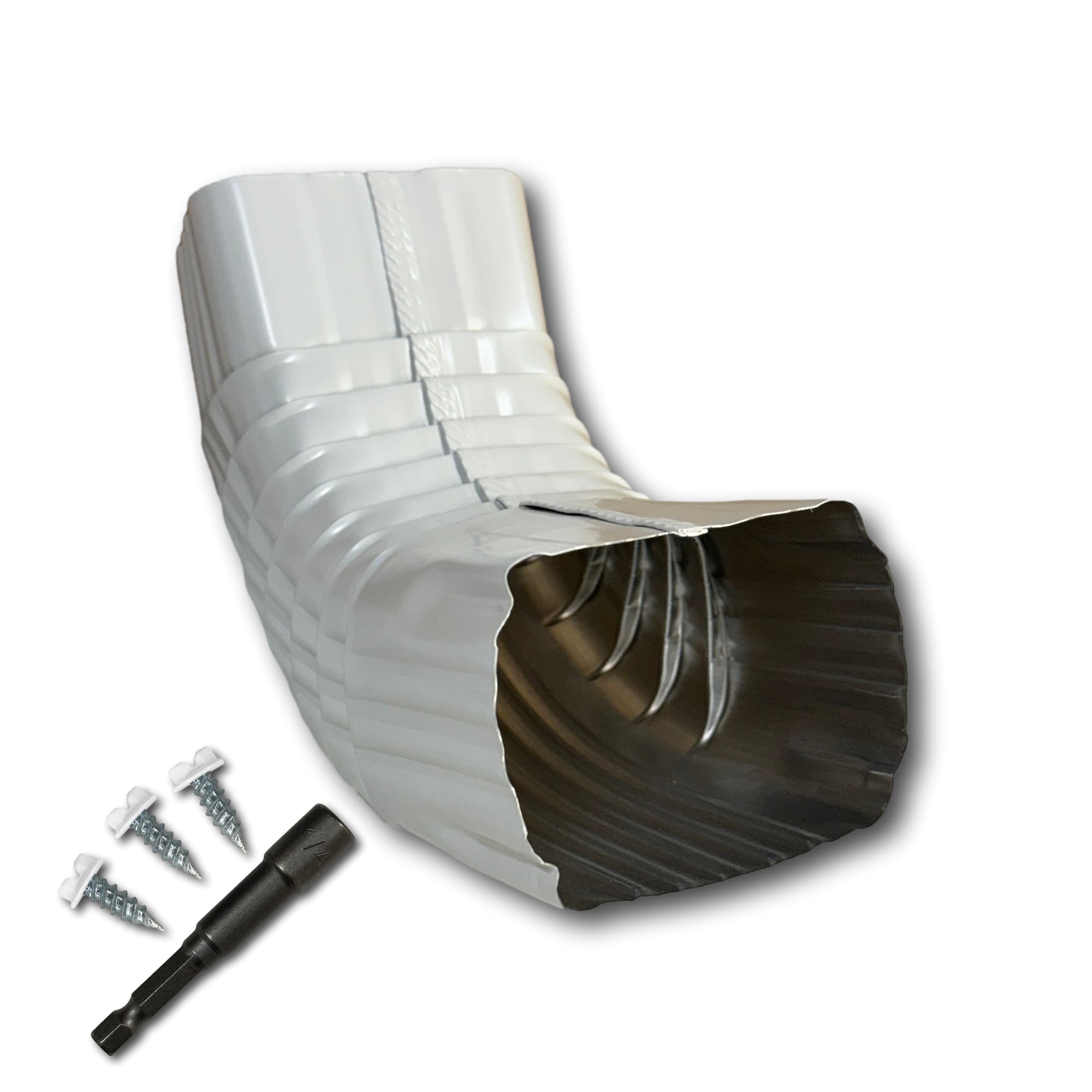 A Painted Aluminum Gutter Downspout Elbow that is White in color. Matching screws and hex bit driver are included.