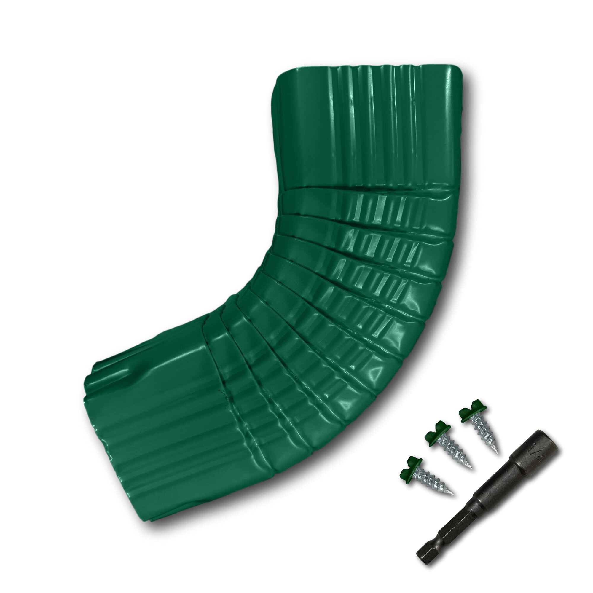 A Painted Aluminum Gutter Downspout Elbow that is Green in color. Matching screws and hex bit driver are included.