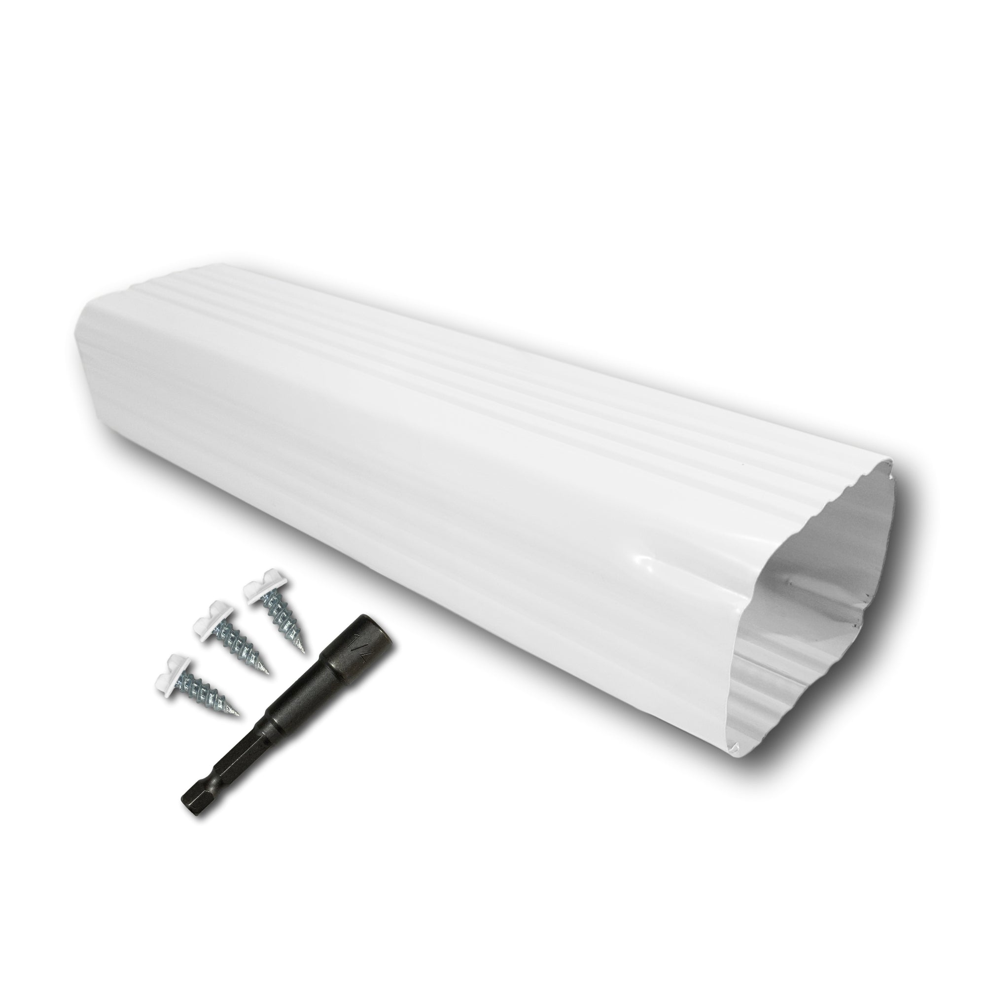 A Painted Aluminum Gutter Downspout Extension that is White in color. Matching screws and hex bit driver are included.