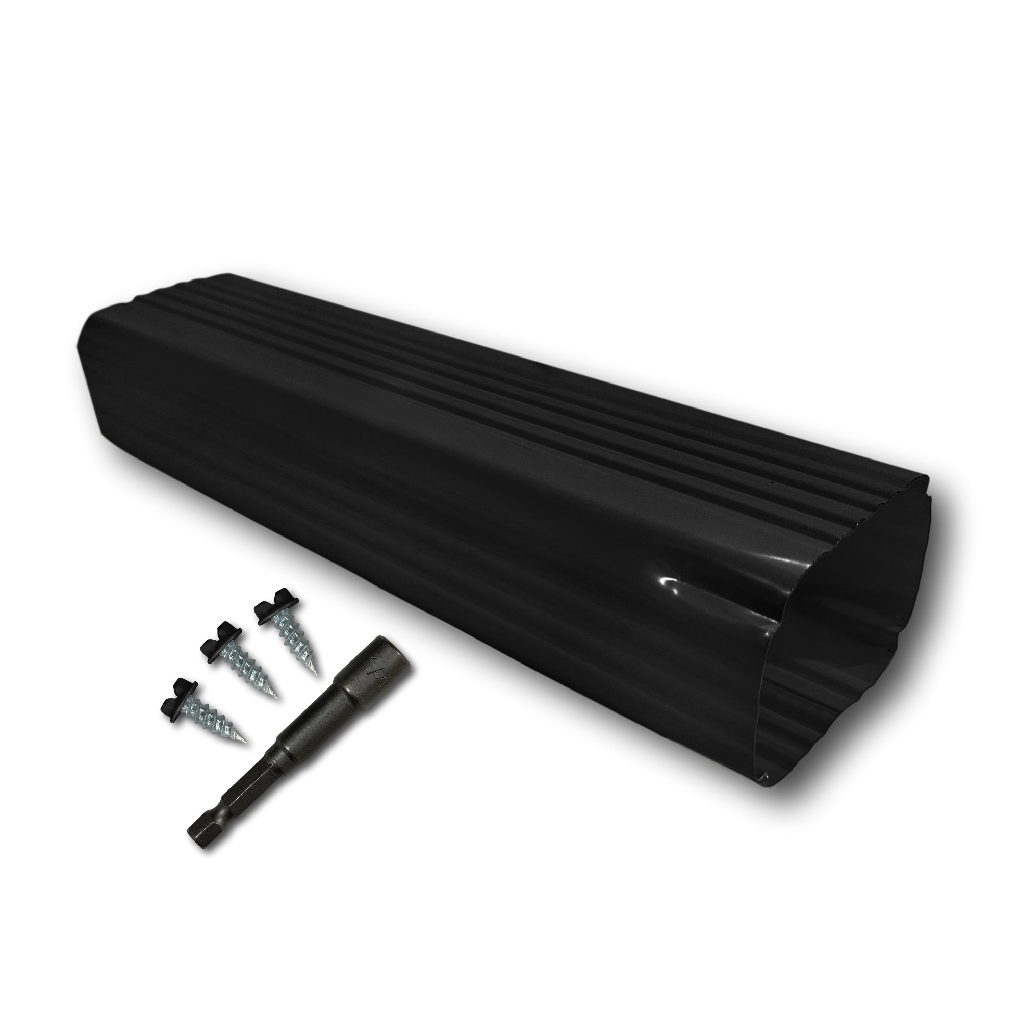 A Painted Aluminum Gutter Downspout Extension that is Black in color. Matching screws and hex bit driver are included.