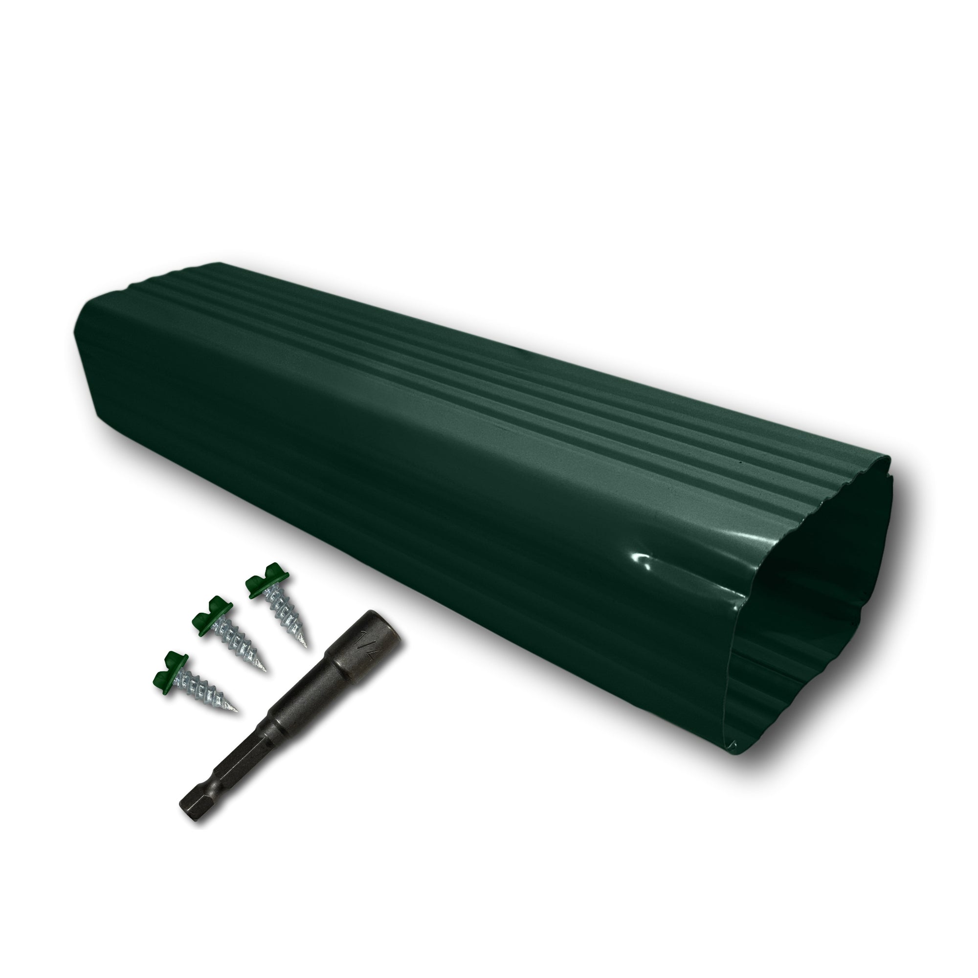 A Painted Aluminum Gutter Downspout Extension that is Green in color. Matching screws and hex bit driver are included.
