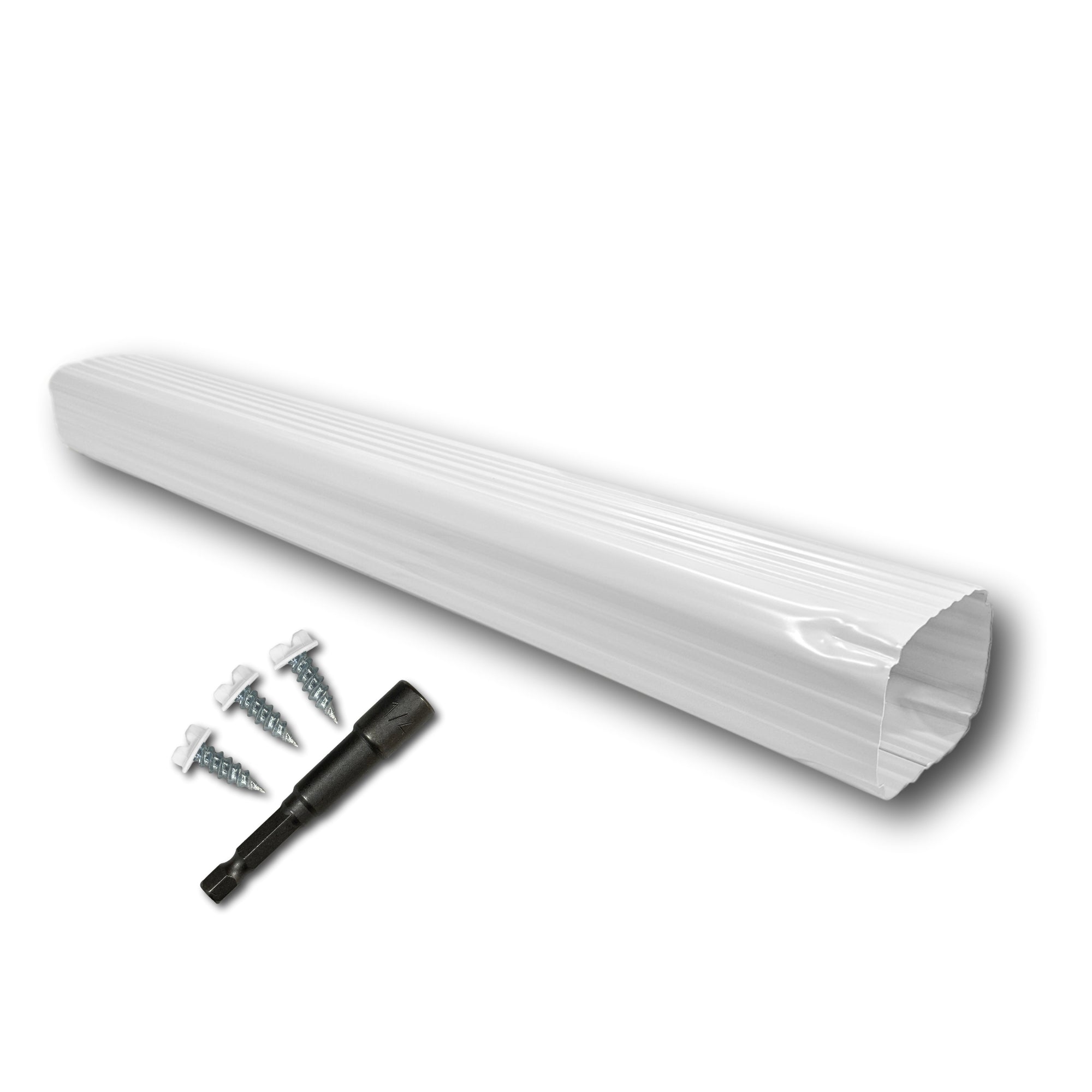 A Painted Aluminum Gutter Downspout Extension that is White in color. Matching screws and hex bit driver are included.
