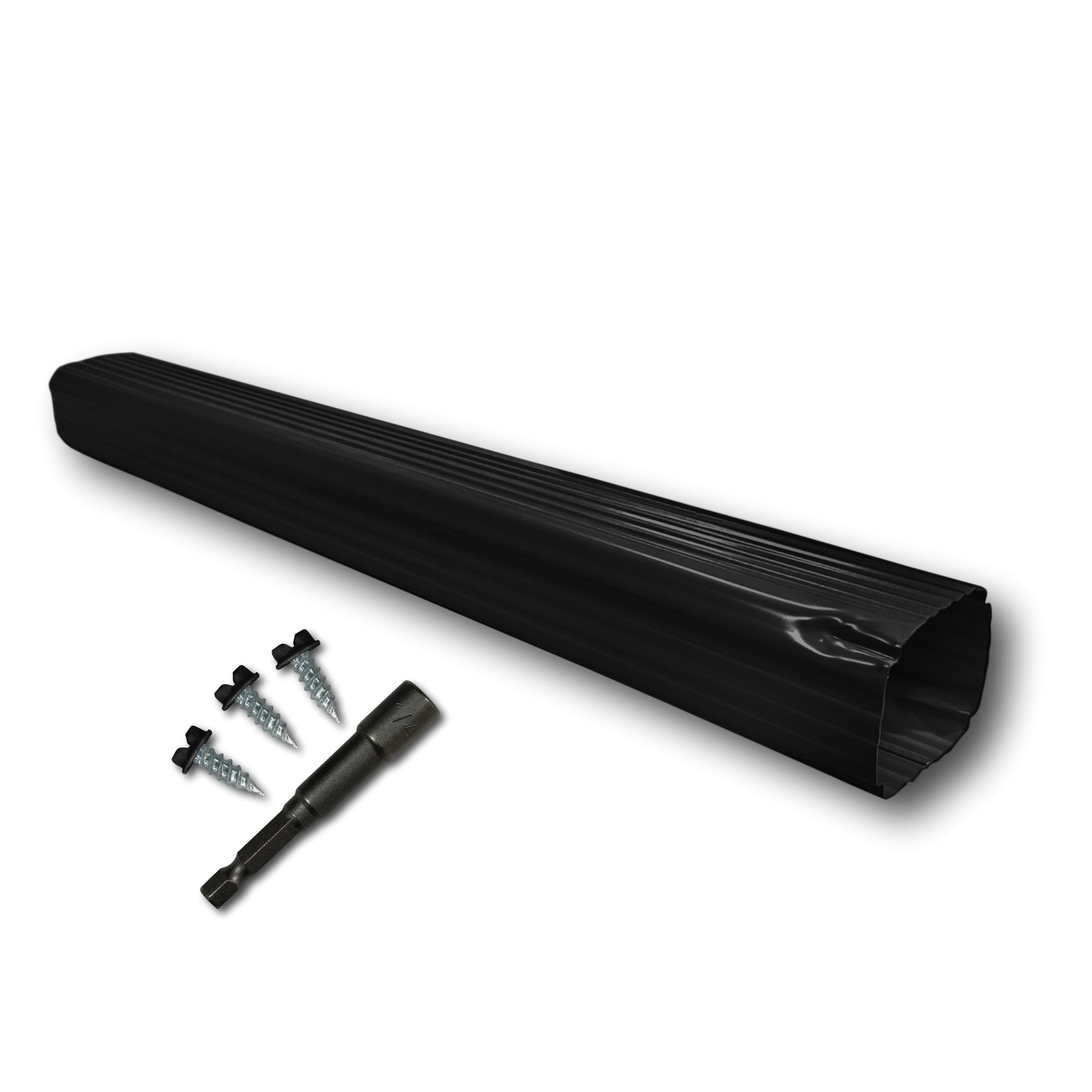 A Painted Aluminum Gutter Downspout Extension that is Black in color. Matching screws and hex bit driver are included.