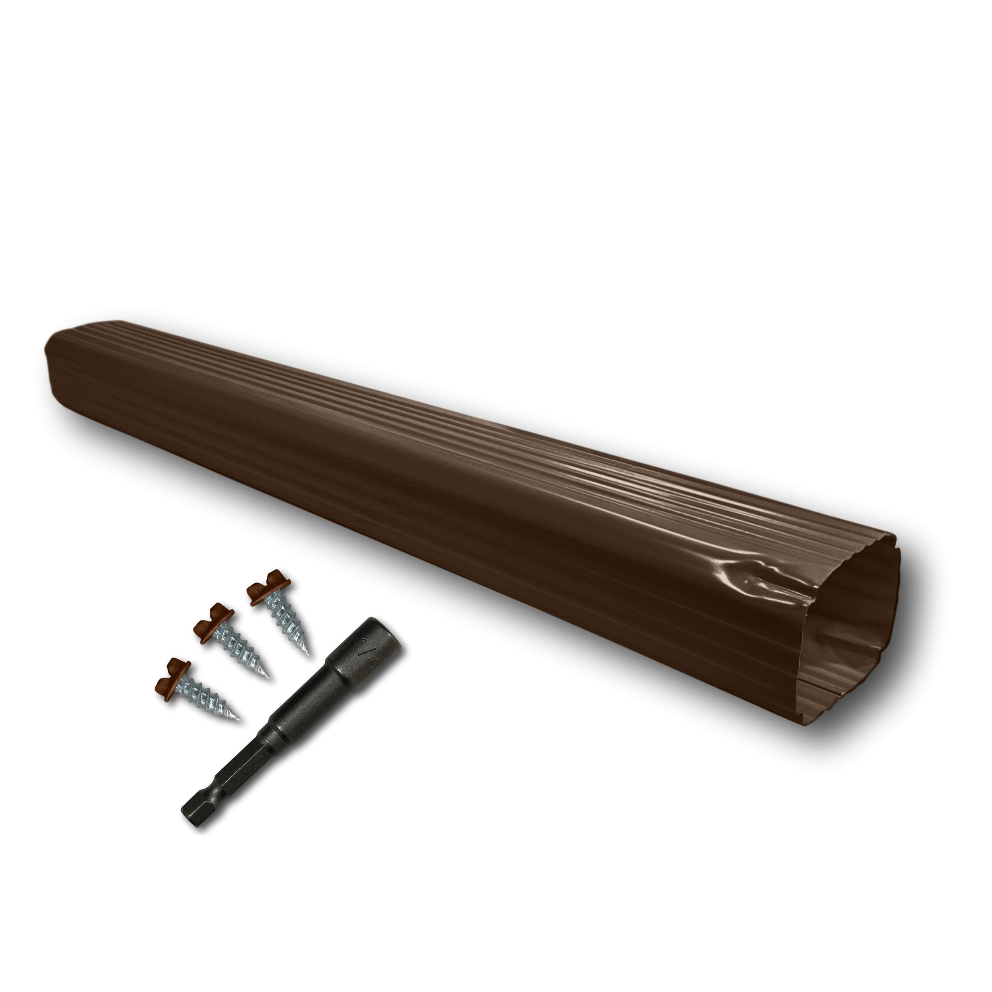 A Painted Aluminum Gutter Downspout Extension that is Brown in color. Matching screws and hex bit driver are included.