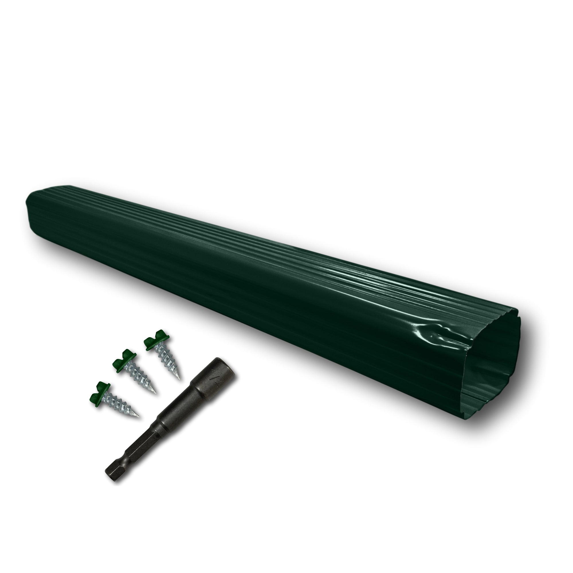 A Painted Aluminum Gutter Downspout Extension that is Green in color. Matching screws and hex bit driver are included.