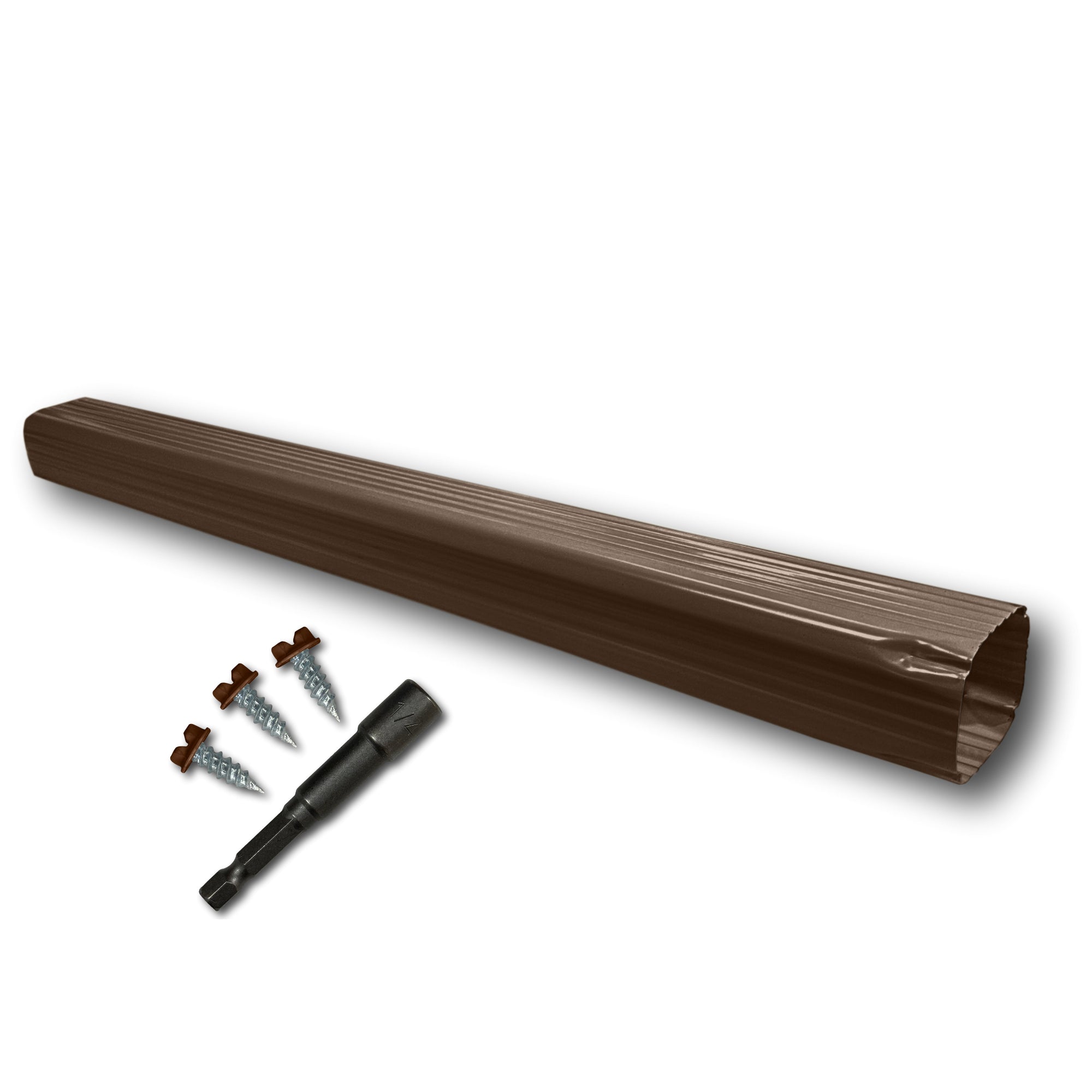 A Painted Aluminum Gutter Downspout Extension that is Brown in color. Matching screws and hex bit driver are included.