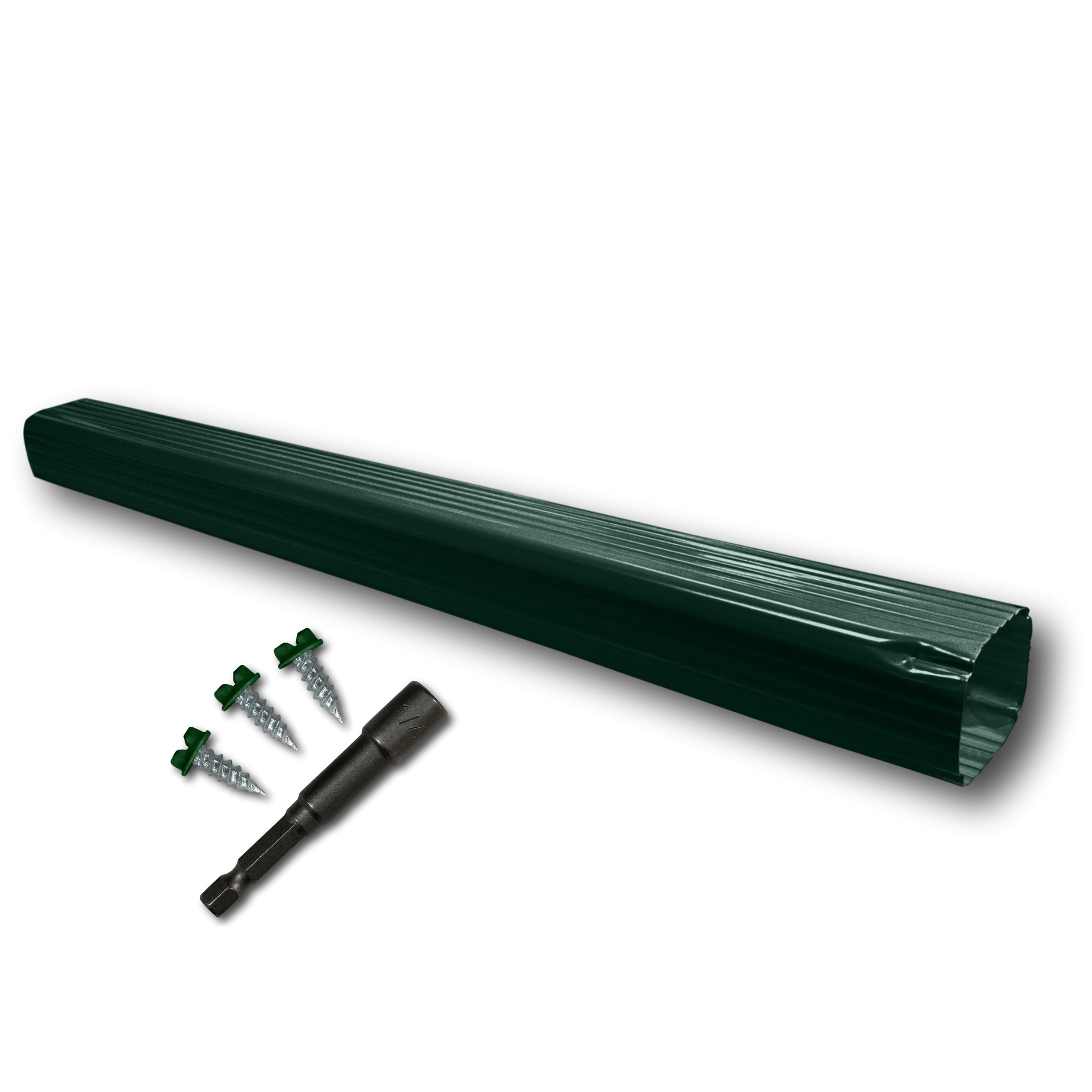 A Painted Aluminum Gutter Downspout Extension that is Green in color. Matching screws and hex bit driver are included.