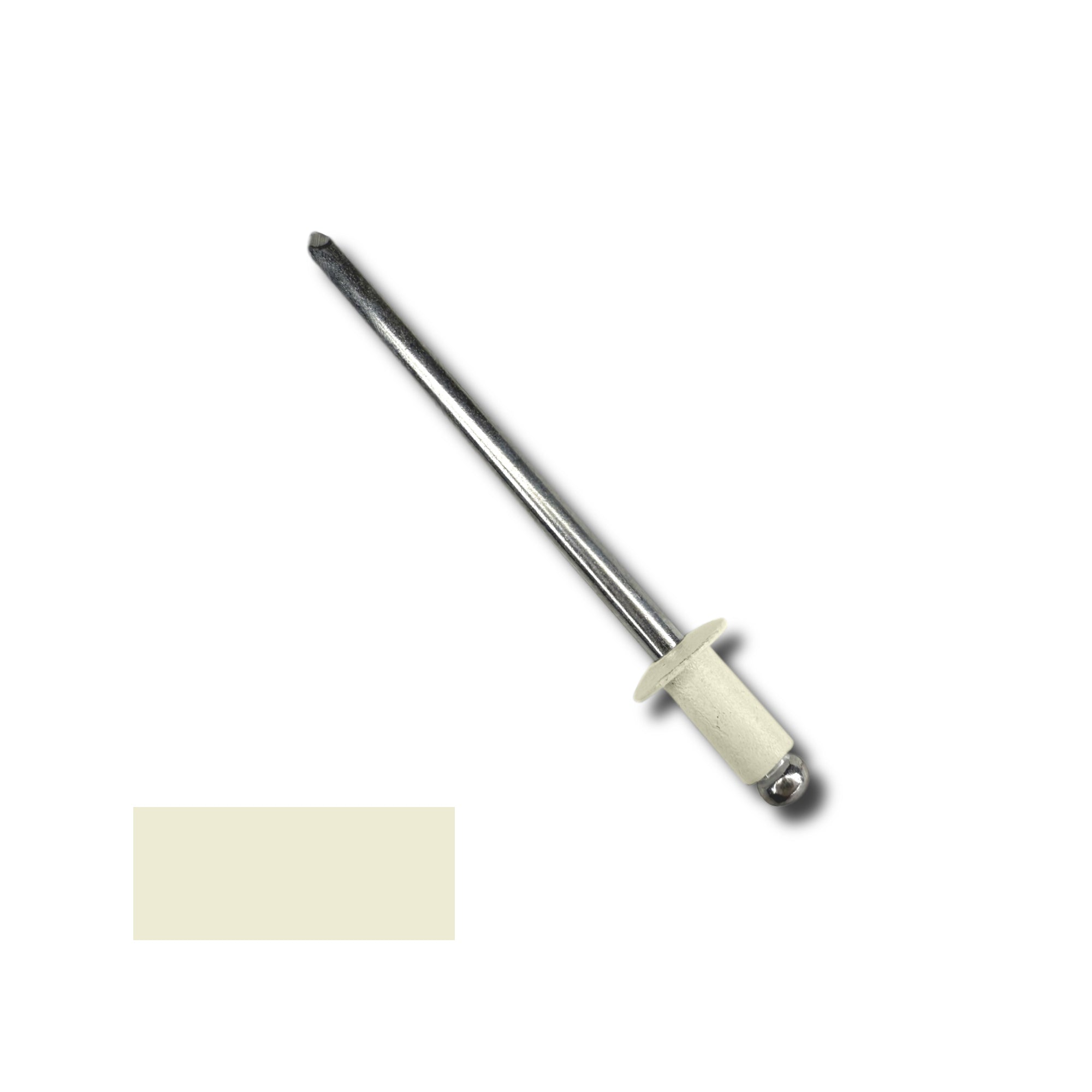 A number 42 Aluminum Pop Rivet with a 1/4 inch grip. There is a color swatch in the bottom left corner. The rivet is Almond in color.