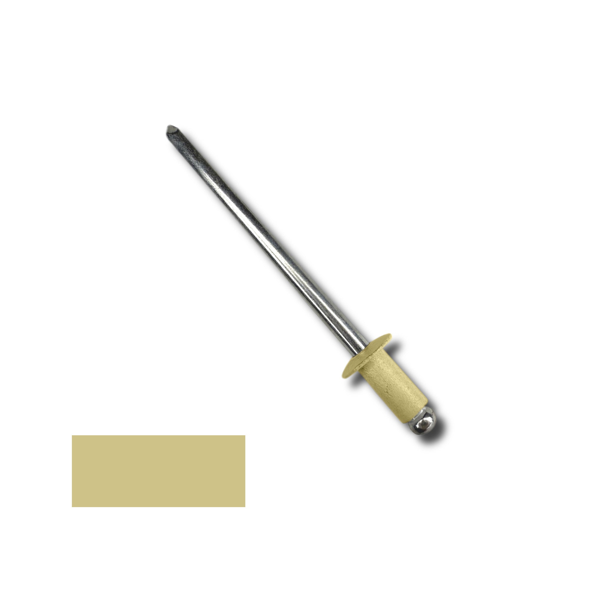 A number 42 Aluminum Pop Rivet with a 1/4 inch grip. There is a color swatch in the bottom left corner. The rivet is Ivory in color.