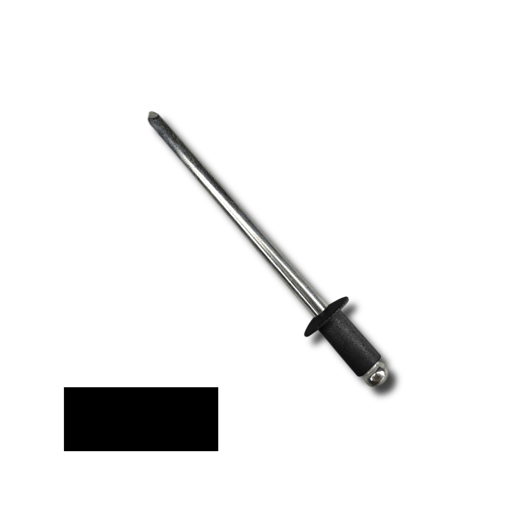 A number 42 Aluminum Pop Rivet with a 1/4 inch grip. There is a color swatch in the bottom left corner. The rivet is Black in color.
