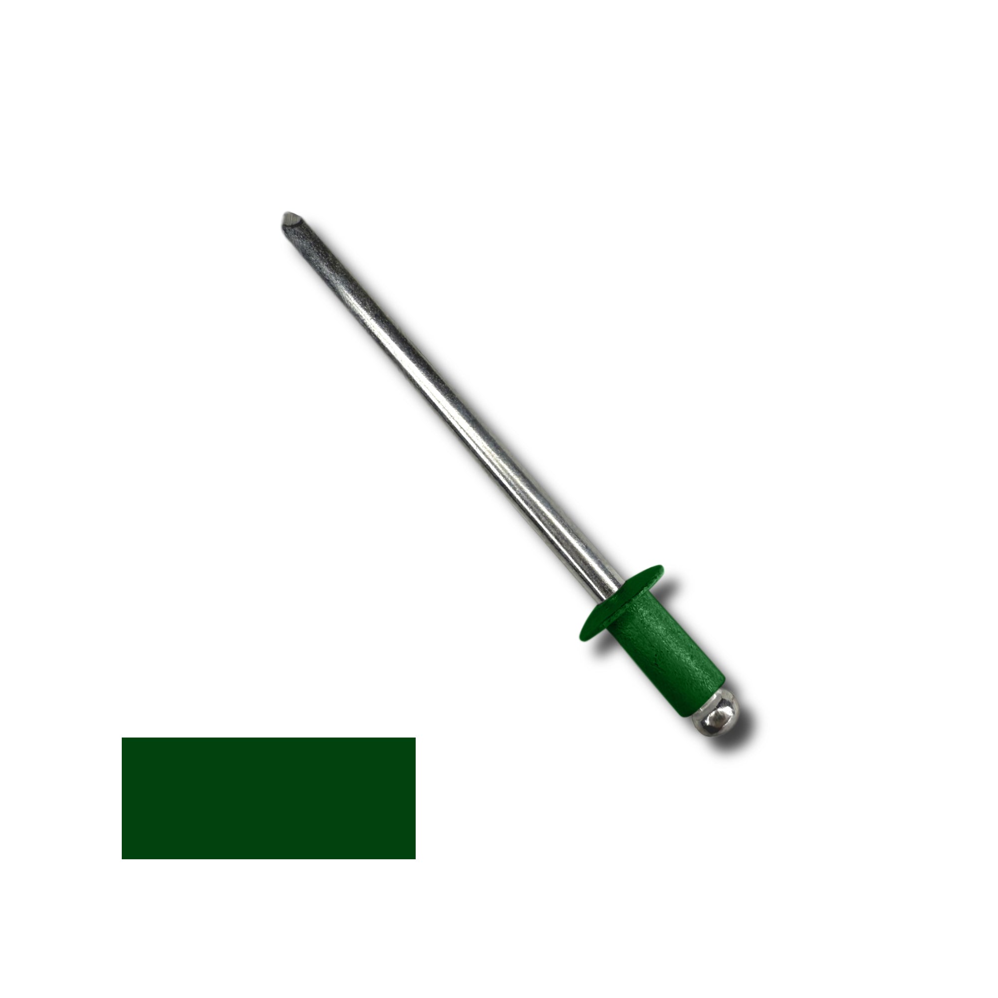 A number 42 Aluminum Pop Rivet with a 1/4 inch grip. There is a color swatch in the bottom left corner. The rivet is Green in color.