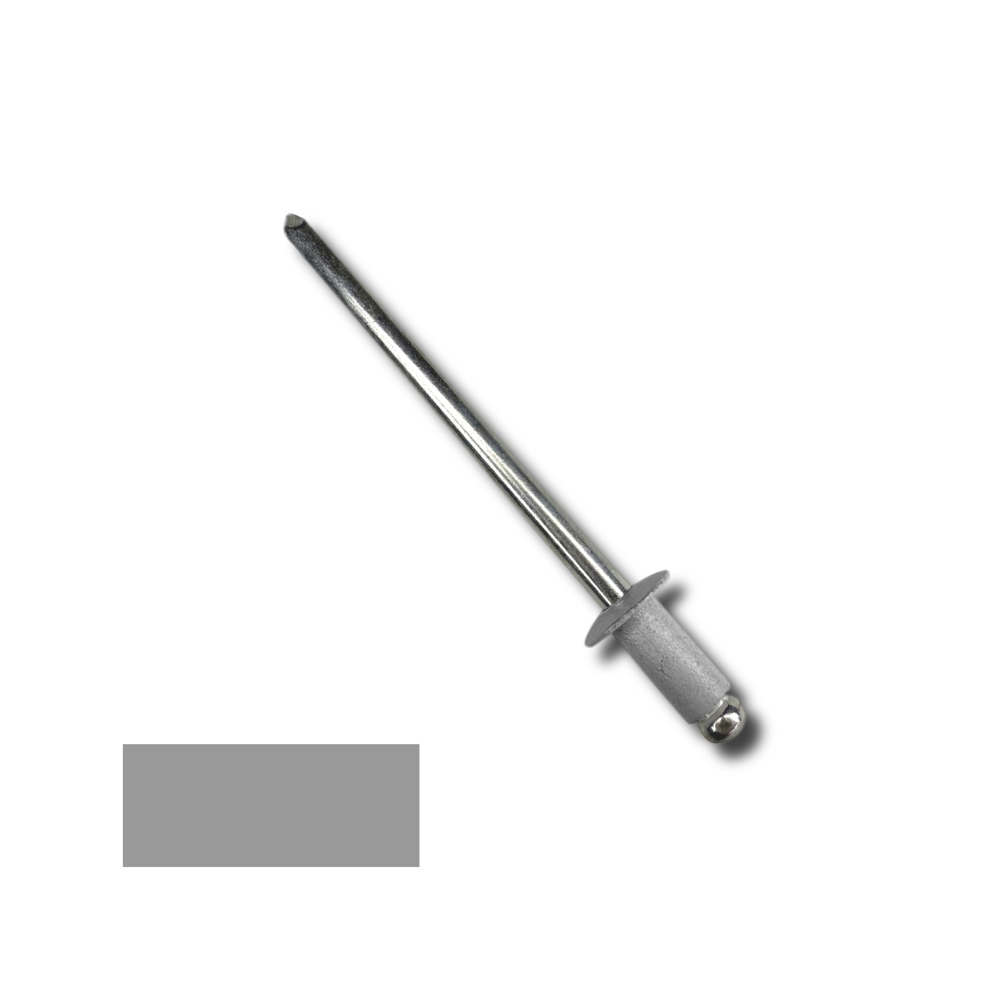 A number 42 Aluminum Pop Rivet with a 1/4 inch grip. There is a color swatch in the bottom left corner. The rivet is Pearl Gray in color.