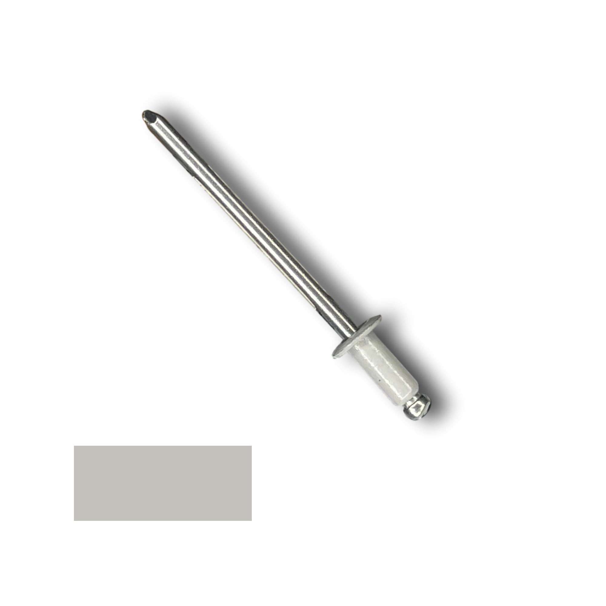 A number 43 Stainless Steel Pop Rivet with a 1/4 inch grip. There is a color swatch in the bottom left corner. The rivet is Ash Gray in color.