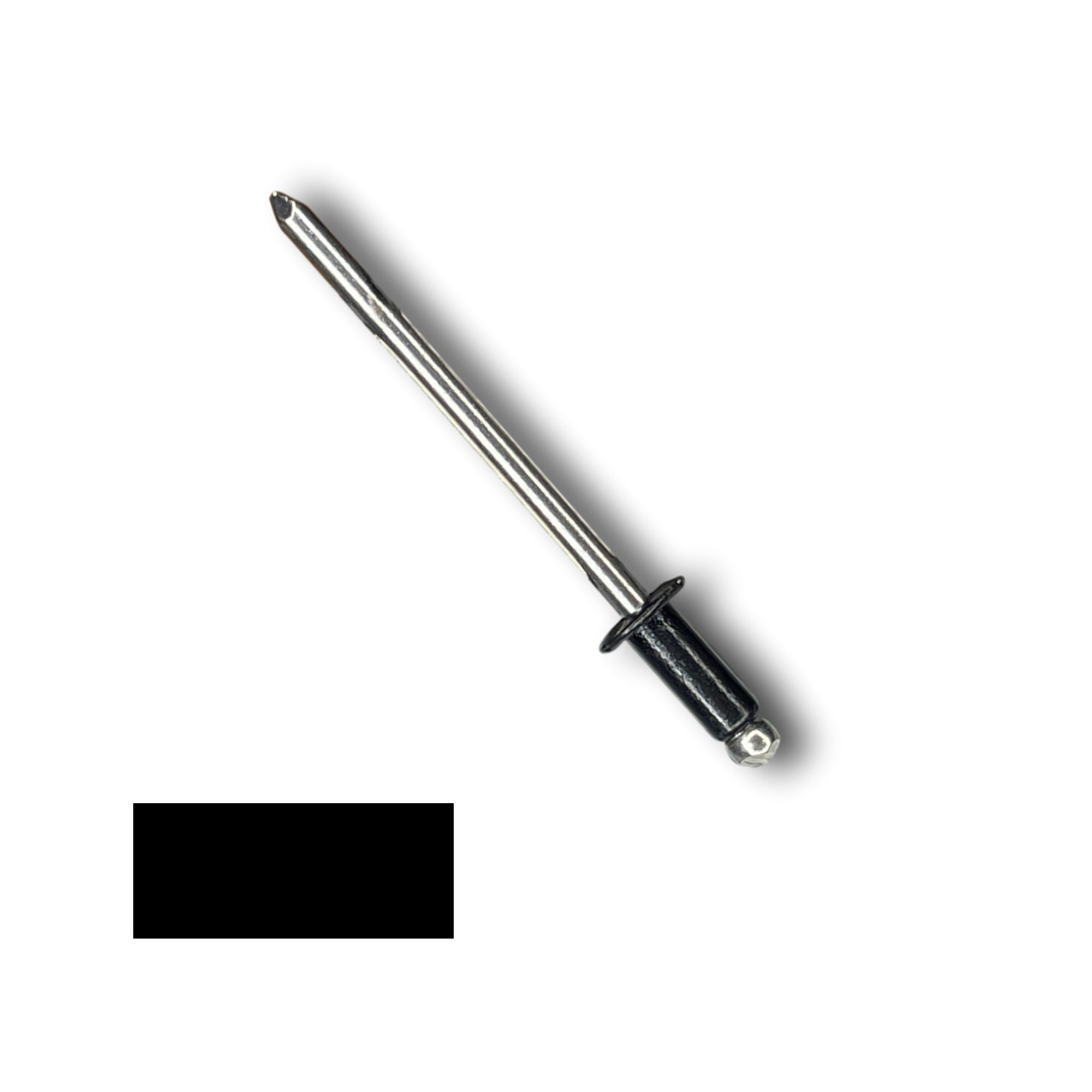 A number 43 Stainless Steel Pop Rivet with a 1/4 inch grip. There is a color swatch in the bottom left corner. The rivet is Black in color.