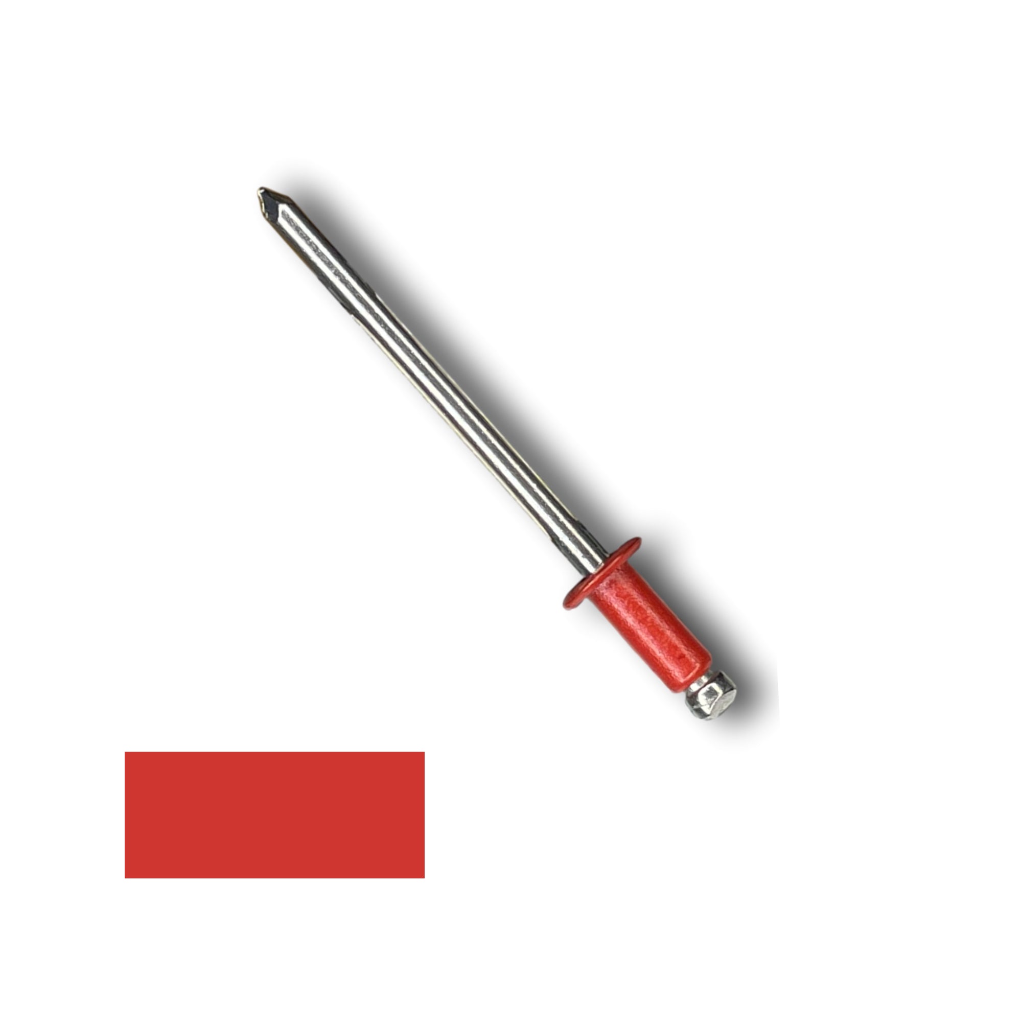 A number 43 Stainless Steel Pop Rivet with a 1/4 inch grip. There is a color swatch in the bottom left corner. The rivet is Bright Red in color.