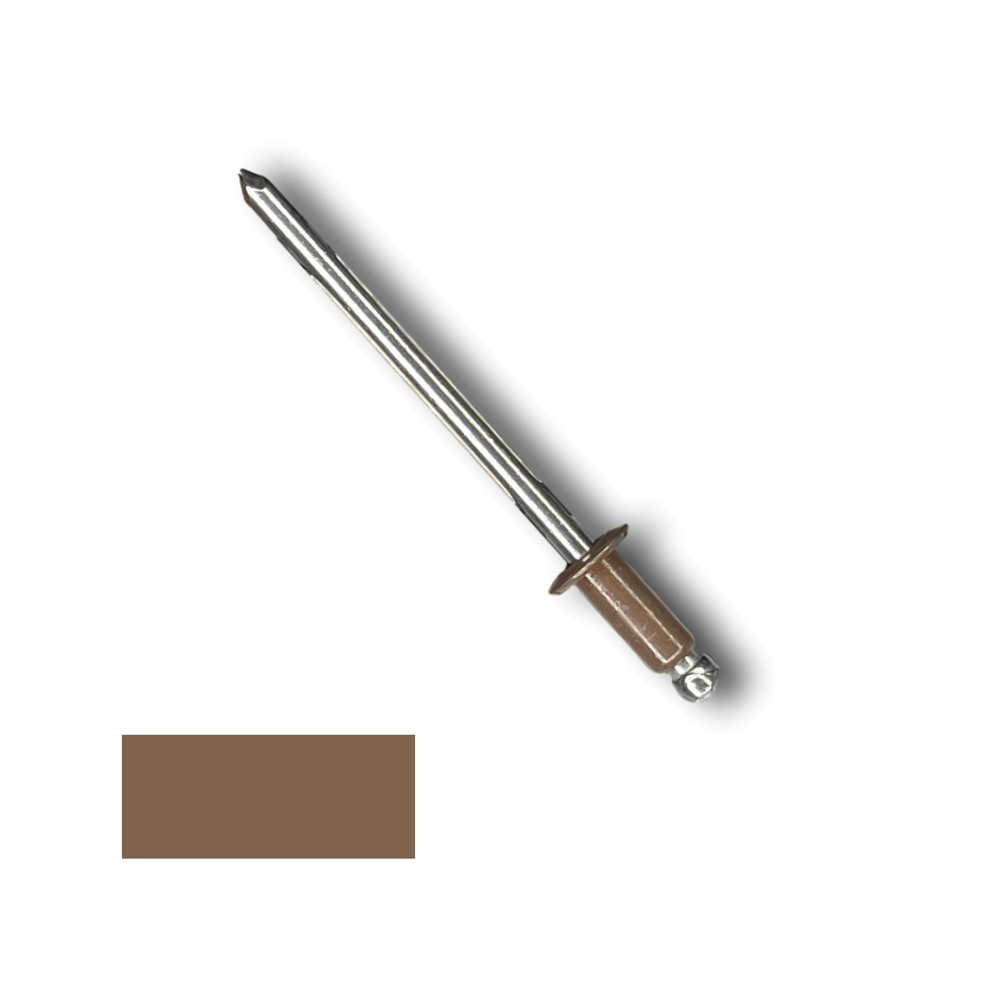 A number 43 Stainless Steel Pop Rivet with a 1/4 inch grip. There is a color swatch in the bottom left corner. The rivet is Brown in color.