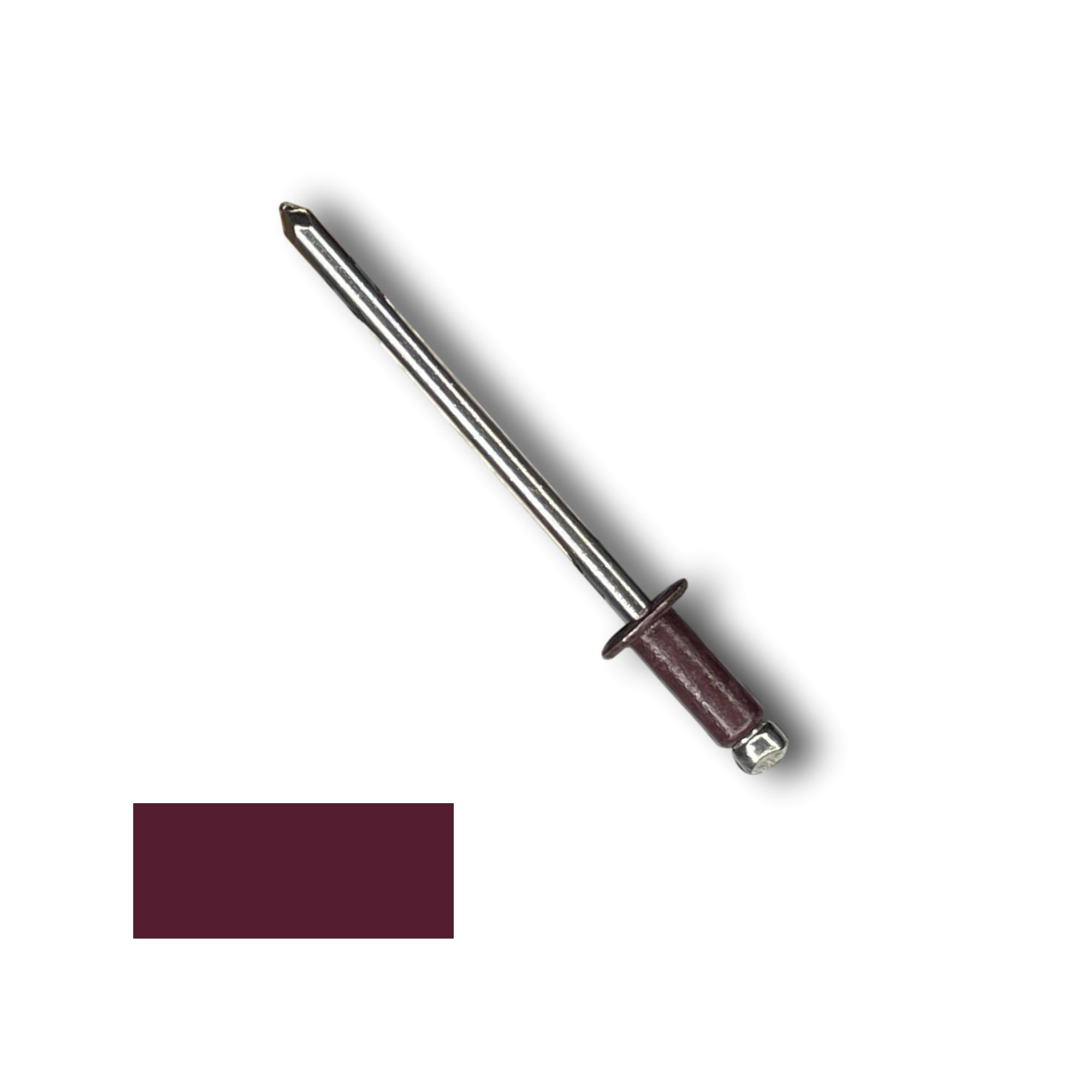 A number 43 Stainless Steel Pop Rivet with a 1/4 inch grip. There is a color swatch in the bottom left corner. The rivet is Burgundy in color.