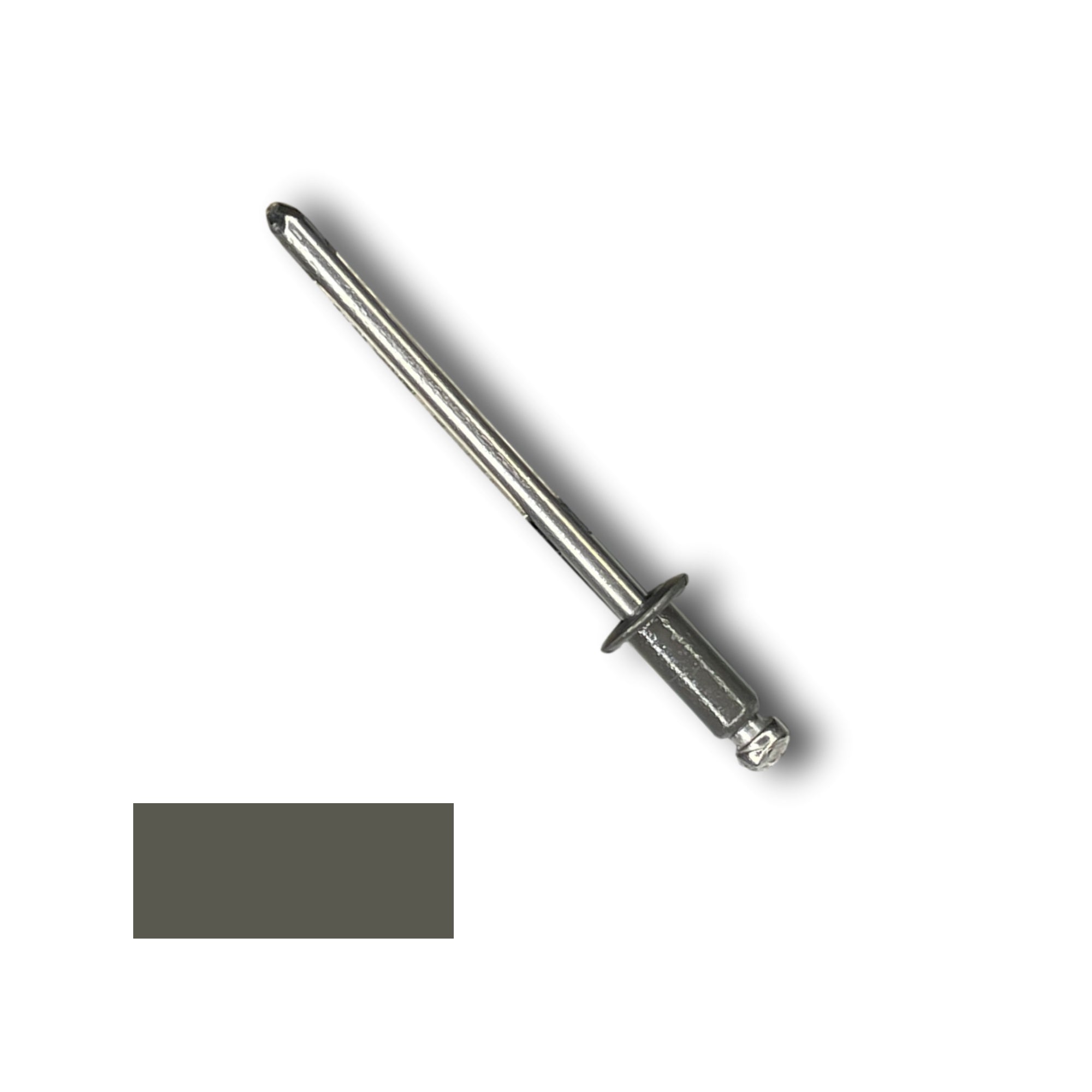 A number 43 Stainless Steel Pop Rivet with a 1/4 inch grip. There is a color swatch in the bottom left corner. The rivet is Burnished Slate in color.