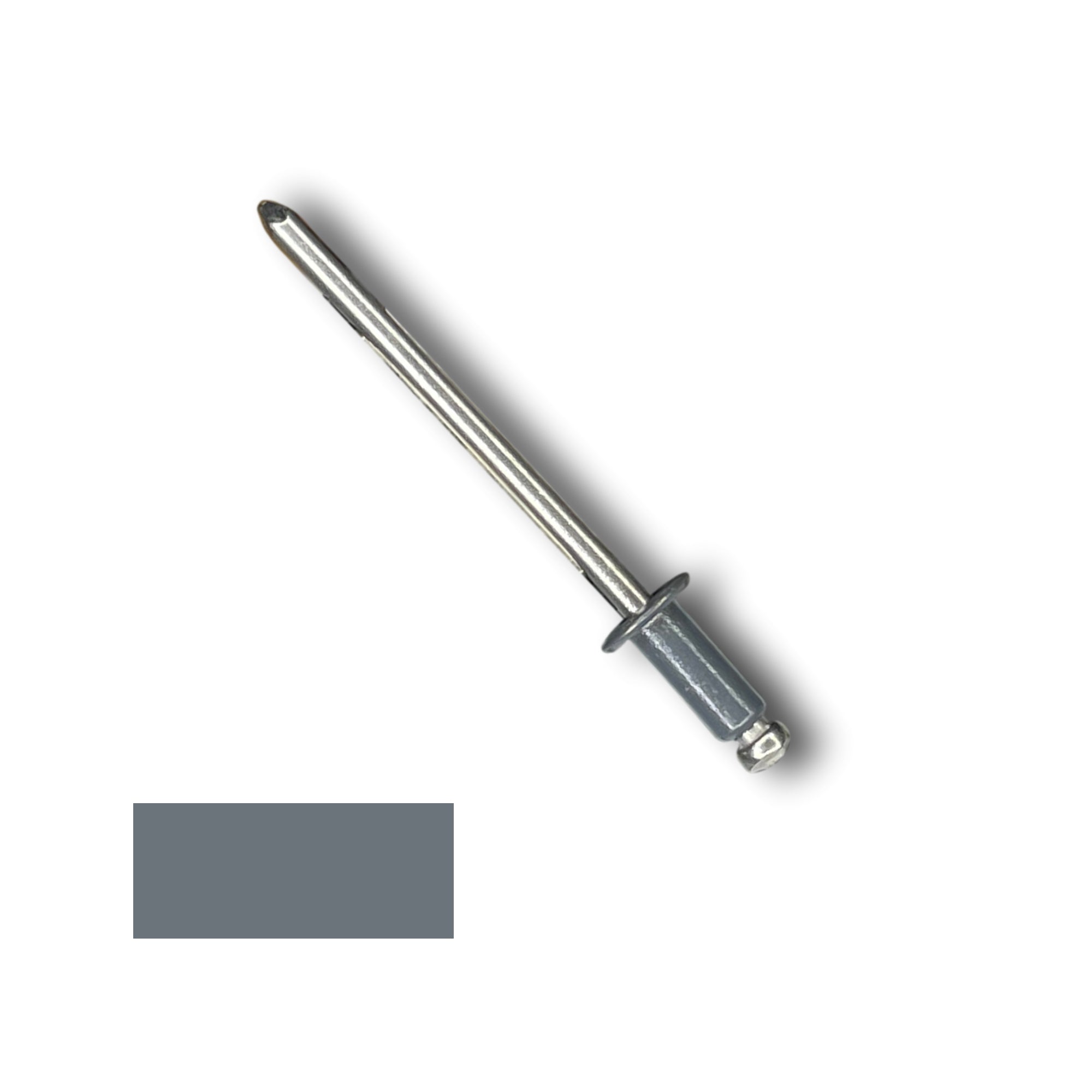 A number 43 Stainless Steel Pop Rivet with a 1/4 inch grip. There is a color swatch in the bottom left corner. The rivet is Charcoal Gray in color.