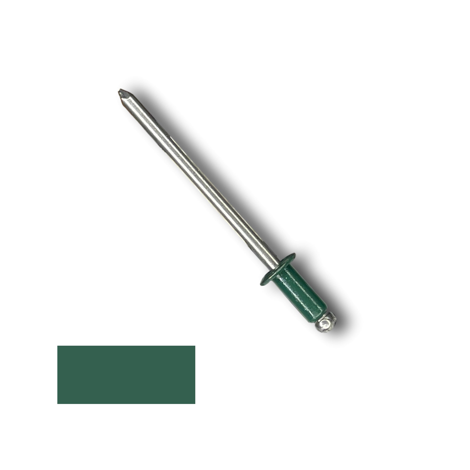 A number 43 Stainless Steel Pop Rivet with a 1/4 inch grip. There is a color swatch in the bottom left corner. The rivet is Evergreen in color.