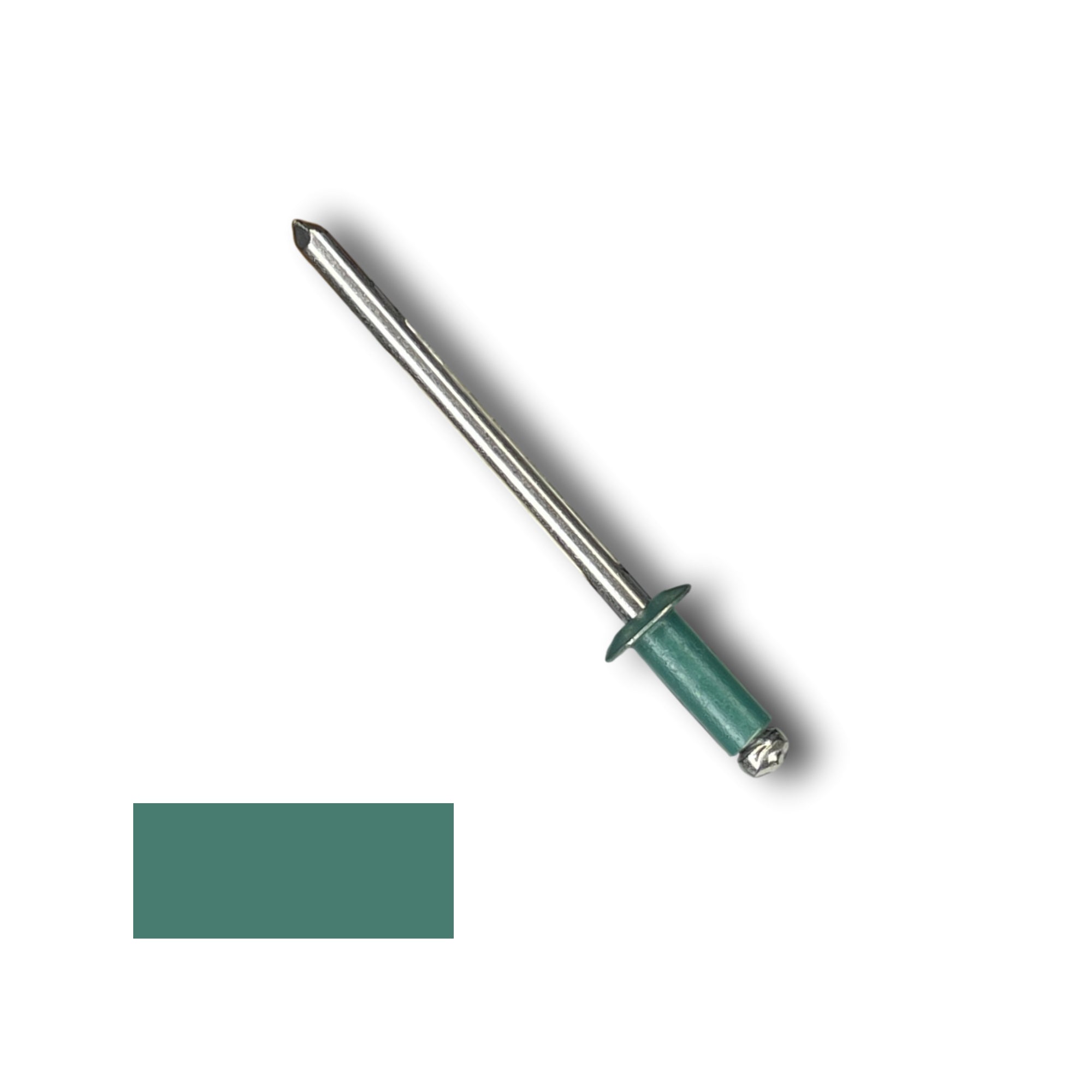 A number 43 Stainless Steel Pop Rivet with a 1/4 inch grip. There is a color swatch in the bottom left corner. The rivet is Forest Green in color.