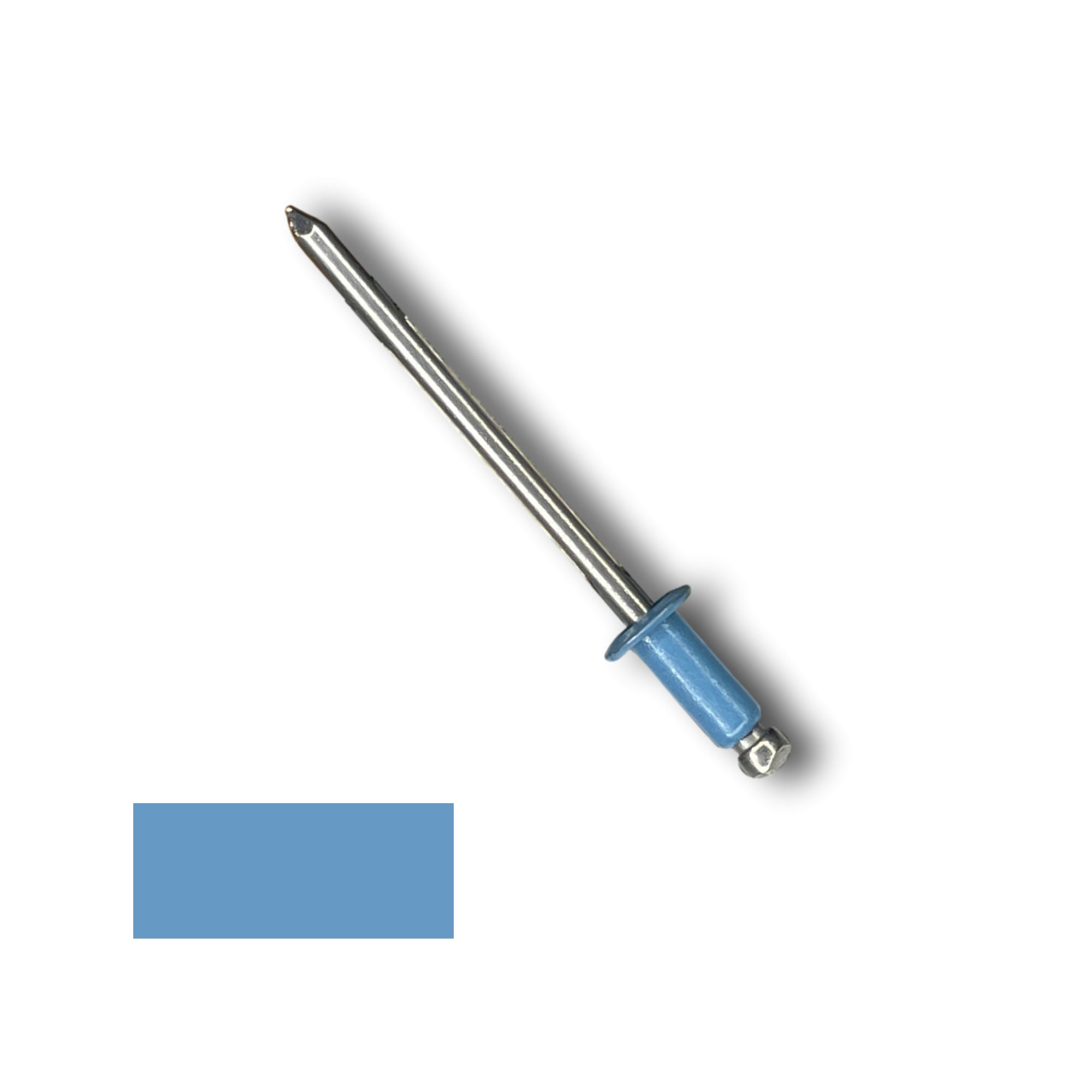 A number 43 Stainless Steel Pop Rivet with a 1/4 inch grip. There is a color swatch in the bottom left corner. The rivet is Hawaiian Blue in color.