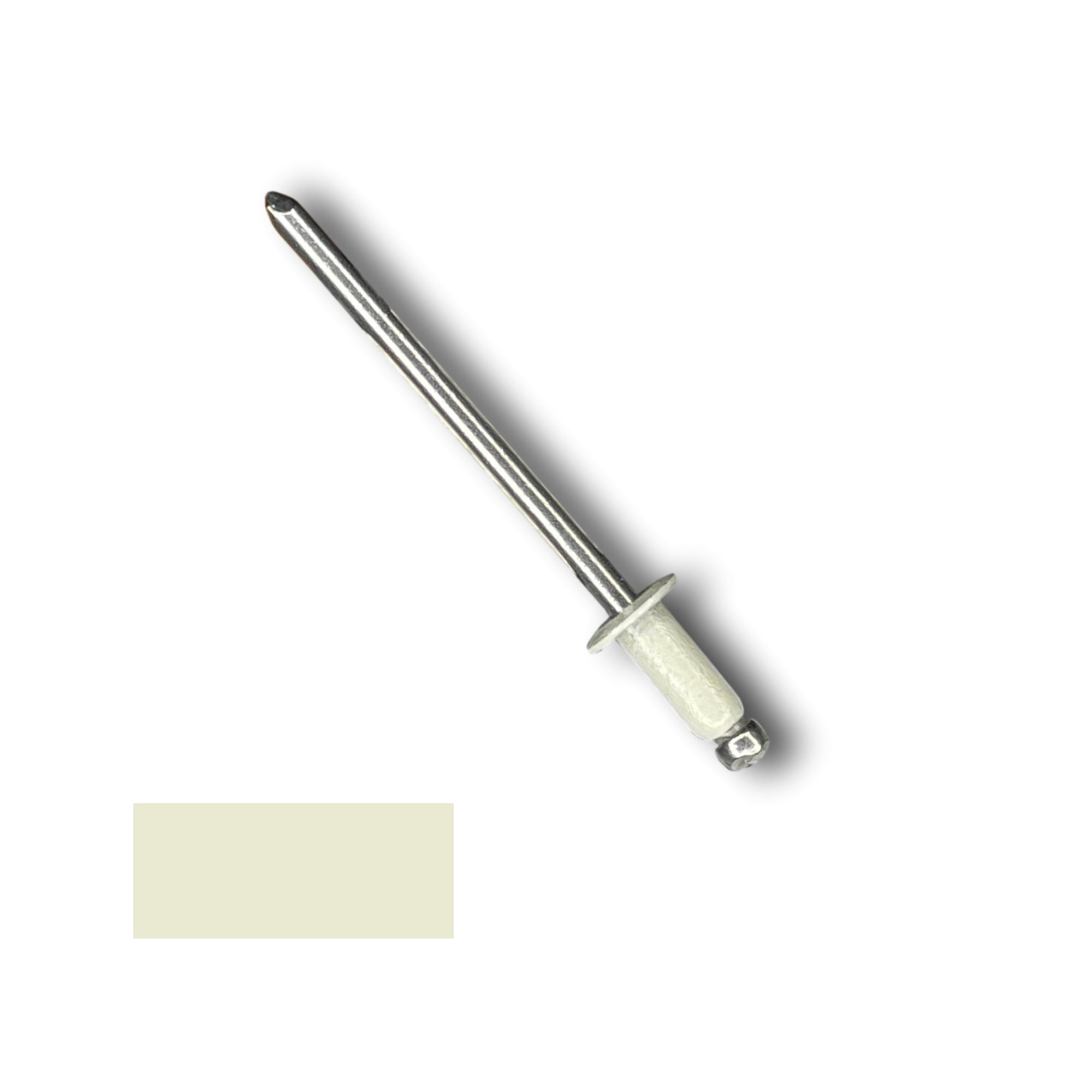 A number 43 Stainless Steel Pop Rivet with a 1/4 inch grip. There is a color swatch in the bottom left corner. The rivet is Lightstone in color.