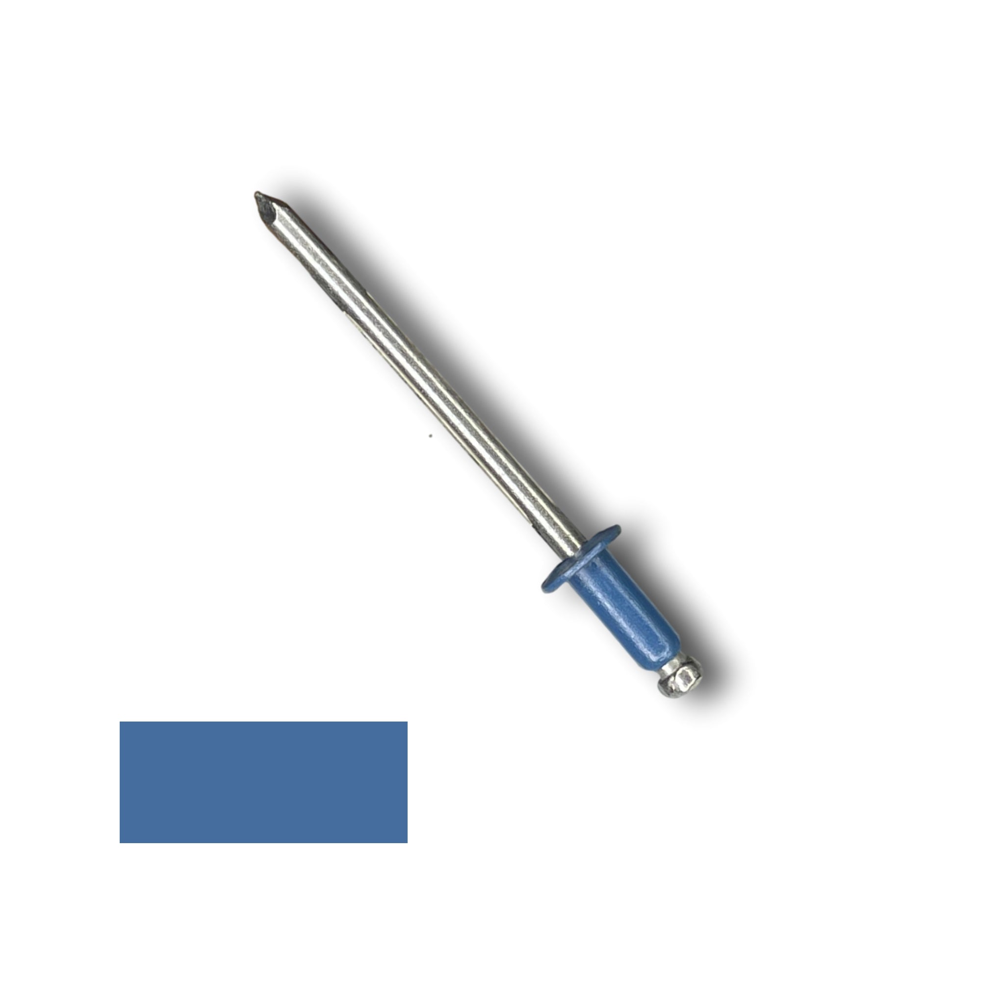 A number 43 Stainless Steel Pop Rivet with a 1/4 inch grip. There is a color swatch in the bottom left corner. The rivet is Regal Blue in color.