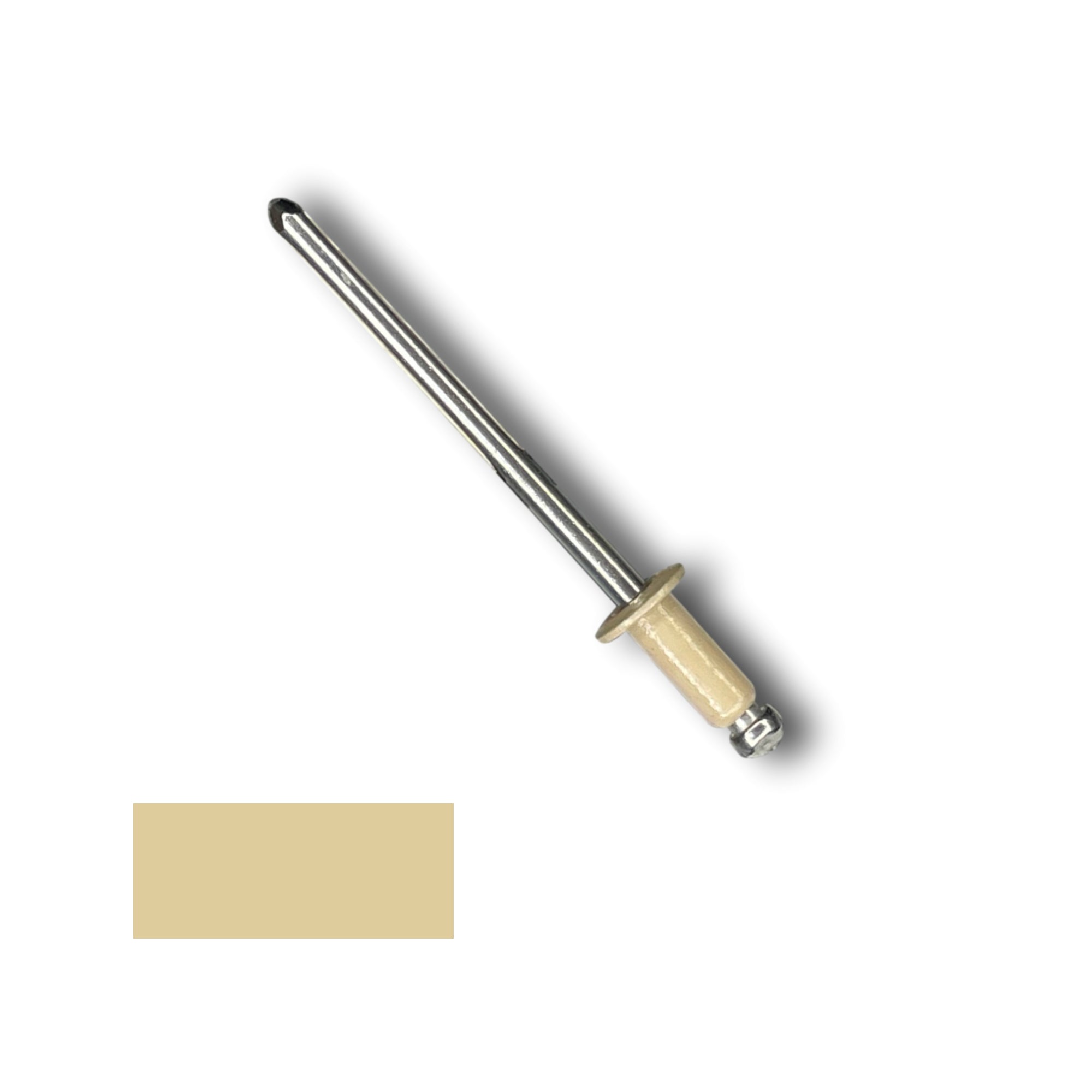 A number 43 Stainless Steel Pop Rivet with a 1/4 inch grip. There is a color swatch in the bottom left corner. The rivet is Sahara Tan in color.