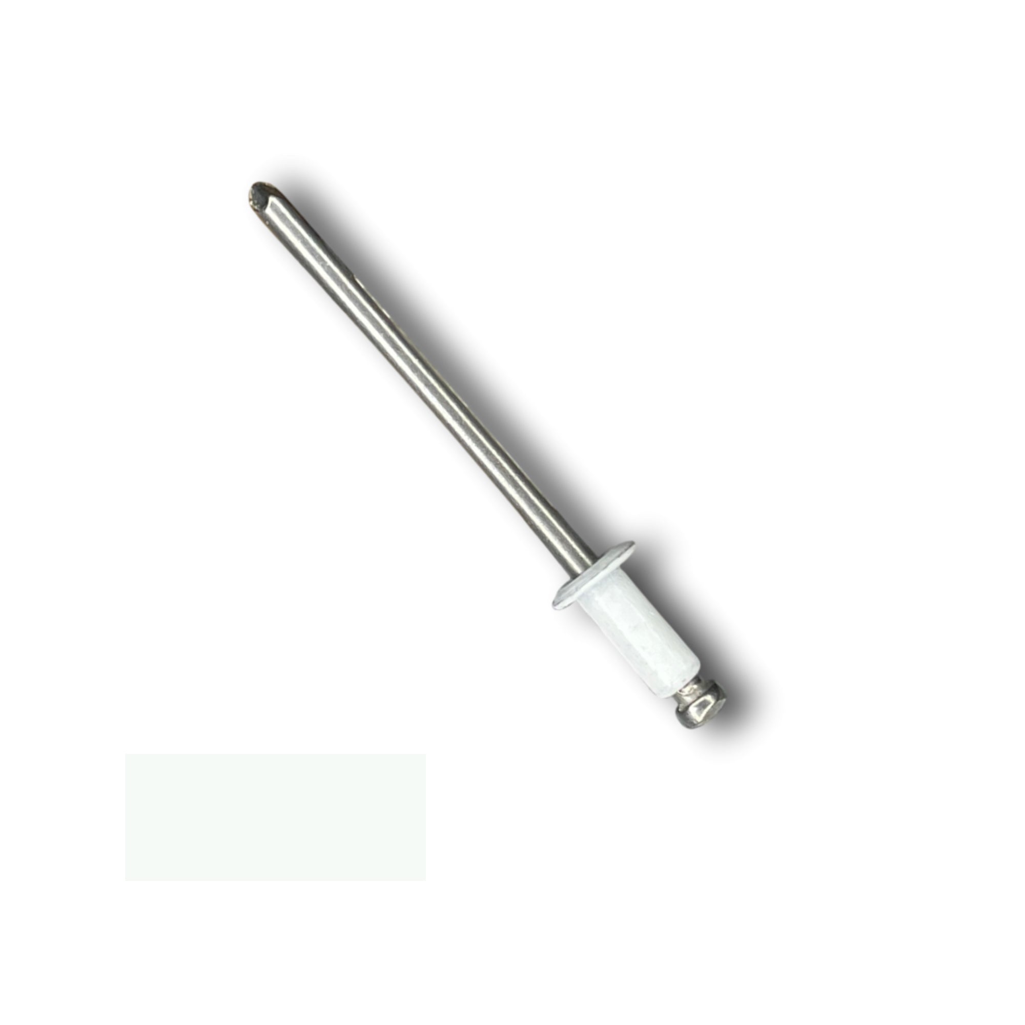 A number 43 Stainless Steel Pop Rivet with a 1/4 inch grip. There is a color swatch in the bottom left corner. The rivet is White in color.
