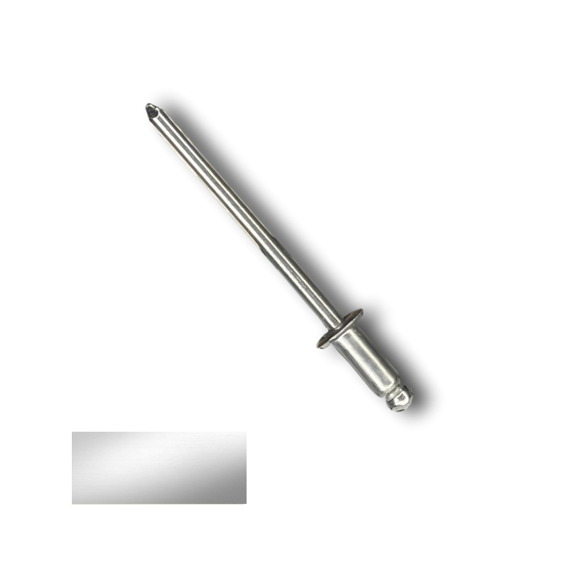 A number 43 Stainless Steel Pop Rivet with a 1/4 inch grip. There is a color swatch in the bottom left corner. The rivet is Stainless Steel/Unpainted in color.