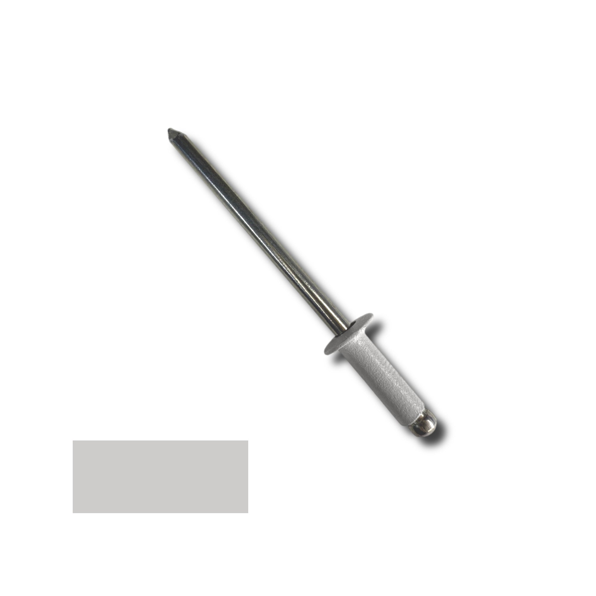 A number 44 Aluminum Pop Rivet with a 3/8 inch grip. There is a color swatch in the bottom left corner. The rivet is Ash Gray in color.