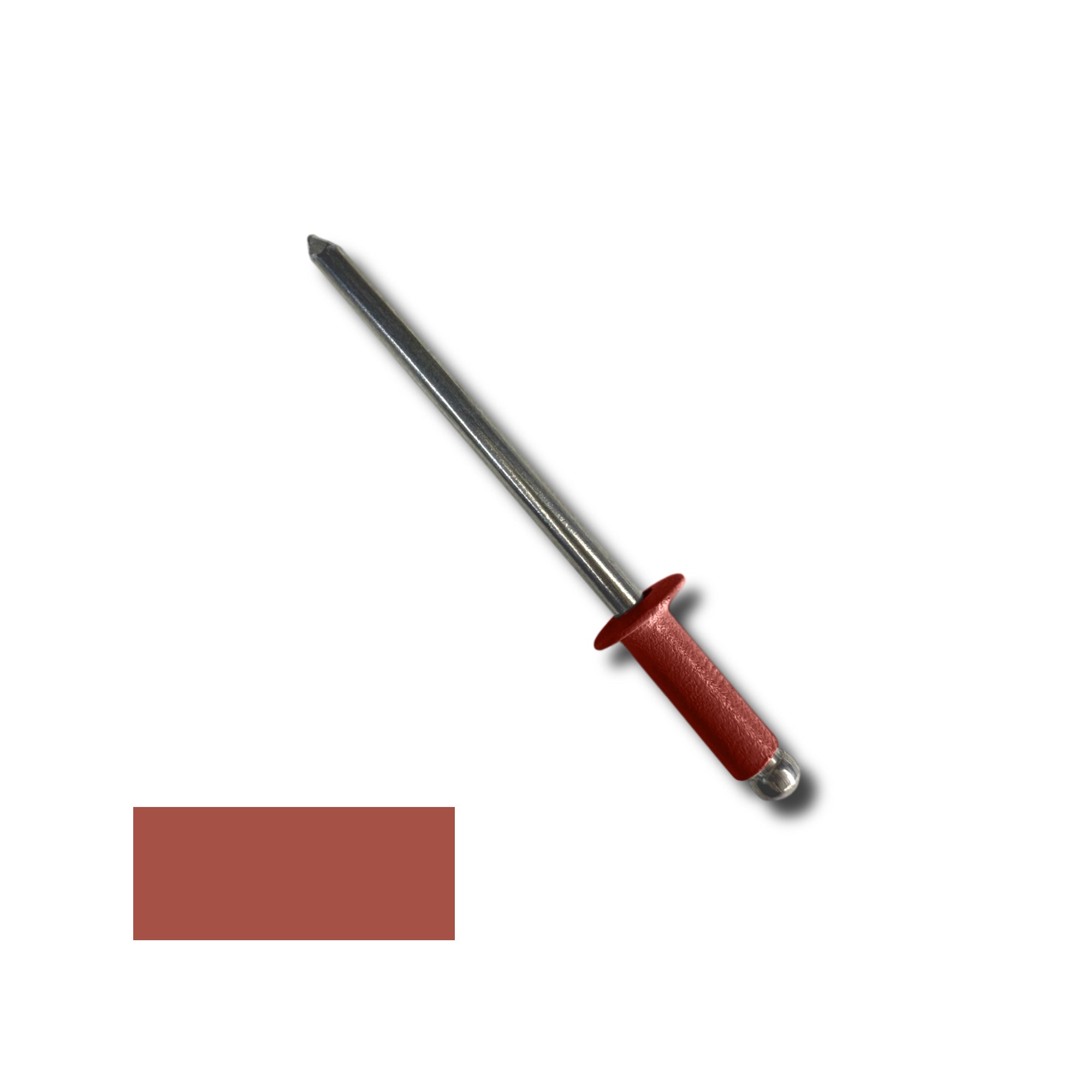 A number 44 Aluminum Pop Rivet with a 3/8 inch grip. There is a color swatch in the bottom left corner. The rivet is Barn Red in color.