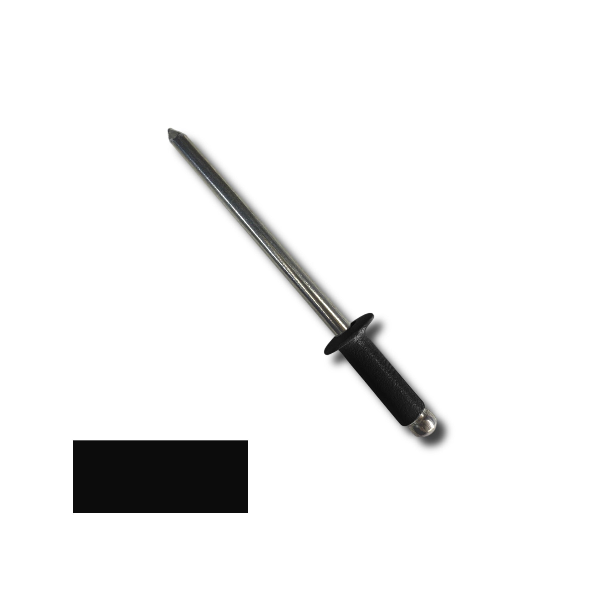 A number 44 Aluminum Pop Rivet with a 3/8 inch grip. There is a color swatch in the bottom left corner. The rivet is Black in color.