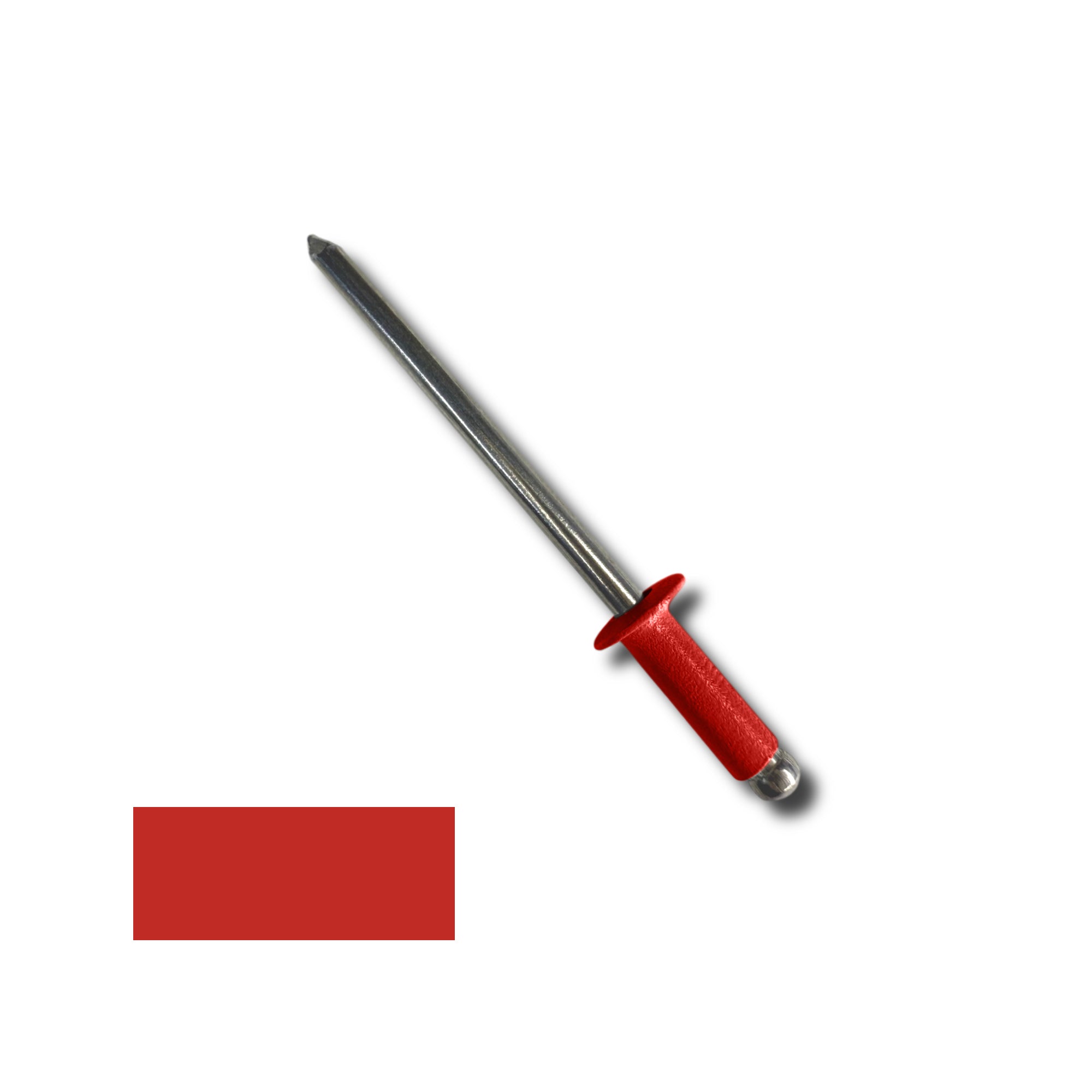 A number 44 Aluminum Pop Rivet with a 3/8 inch grip. There is a color swatch in the bottom left corner. The rivet is Bright Red in color.
