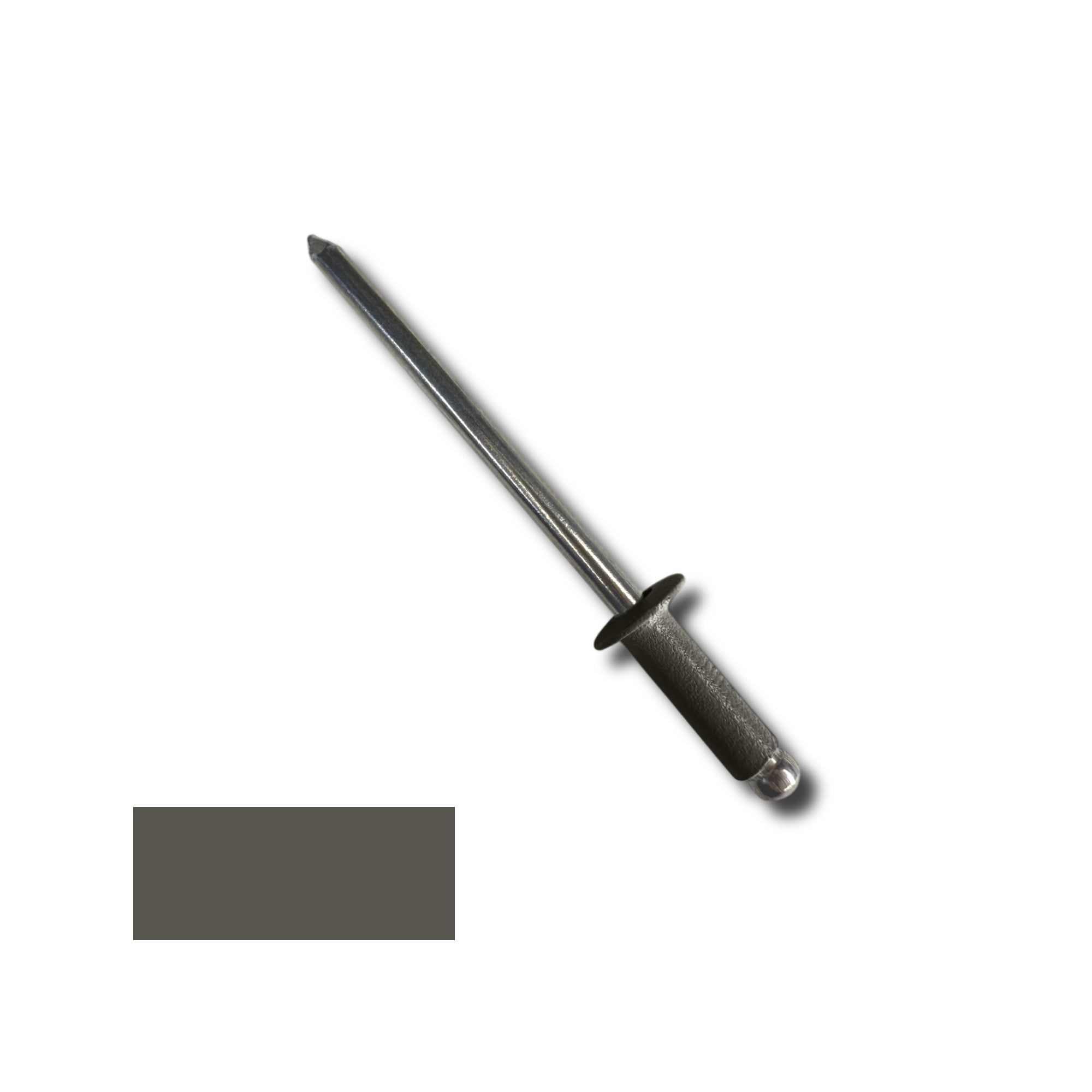 A number 44 Aluminum Pop Rivet with a 3/8 inch grip. There is a color swatch in the bottom left corner. The rivet is Burnished Slate in color.
