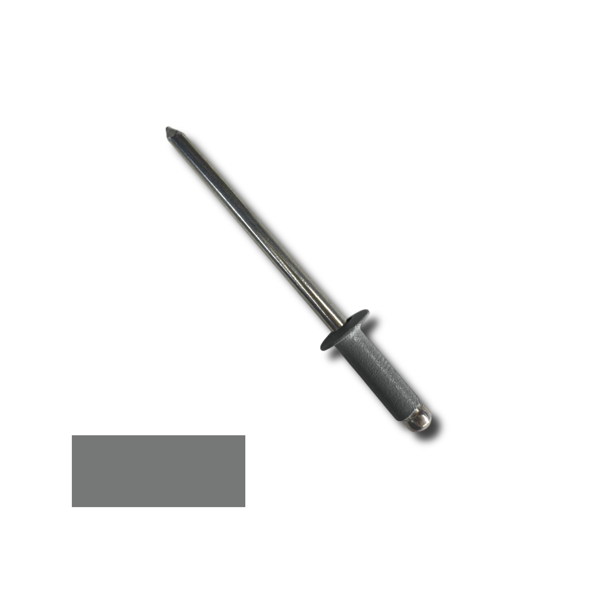 A number 44 Aluminum Pop Rivet with a 3/8 inch grip. There is a color swatch in the bottom left corner. The rivet is Charcoal Gray in color.