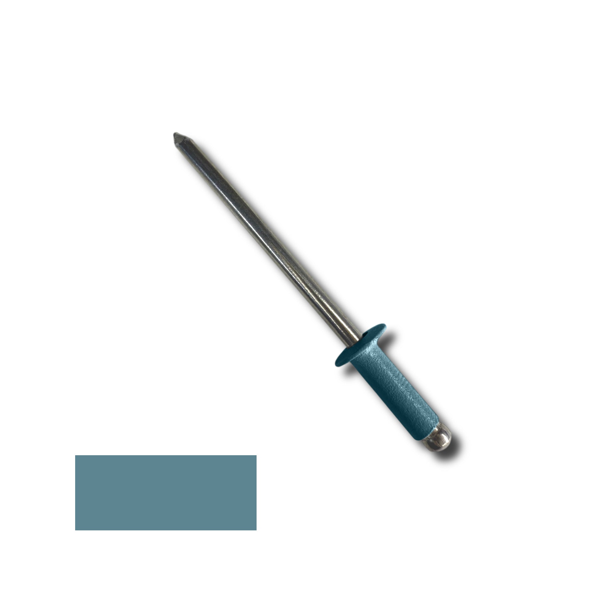 A number 44 Aluminum Pop Rivet with a 3/8 inch grip. There is a color swatch in the bottom left corner. The rivet is Hawaiian Blue in color.